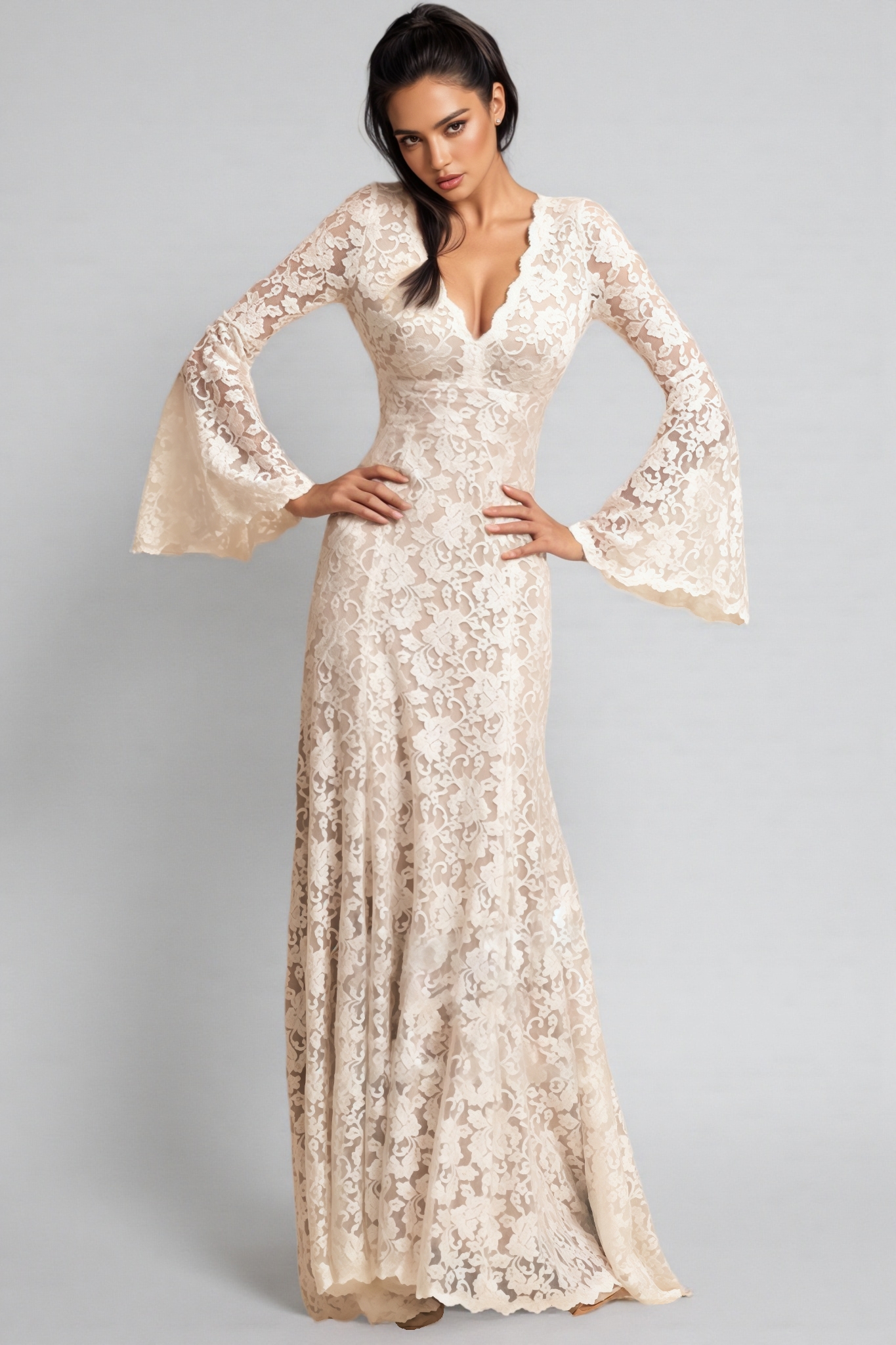 Zettad Flared Sleeve Backless Lace Maxi Dress