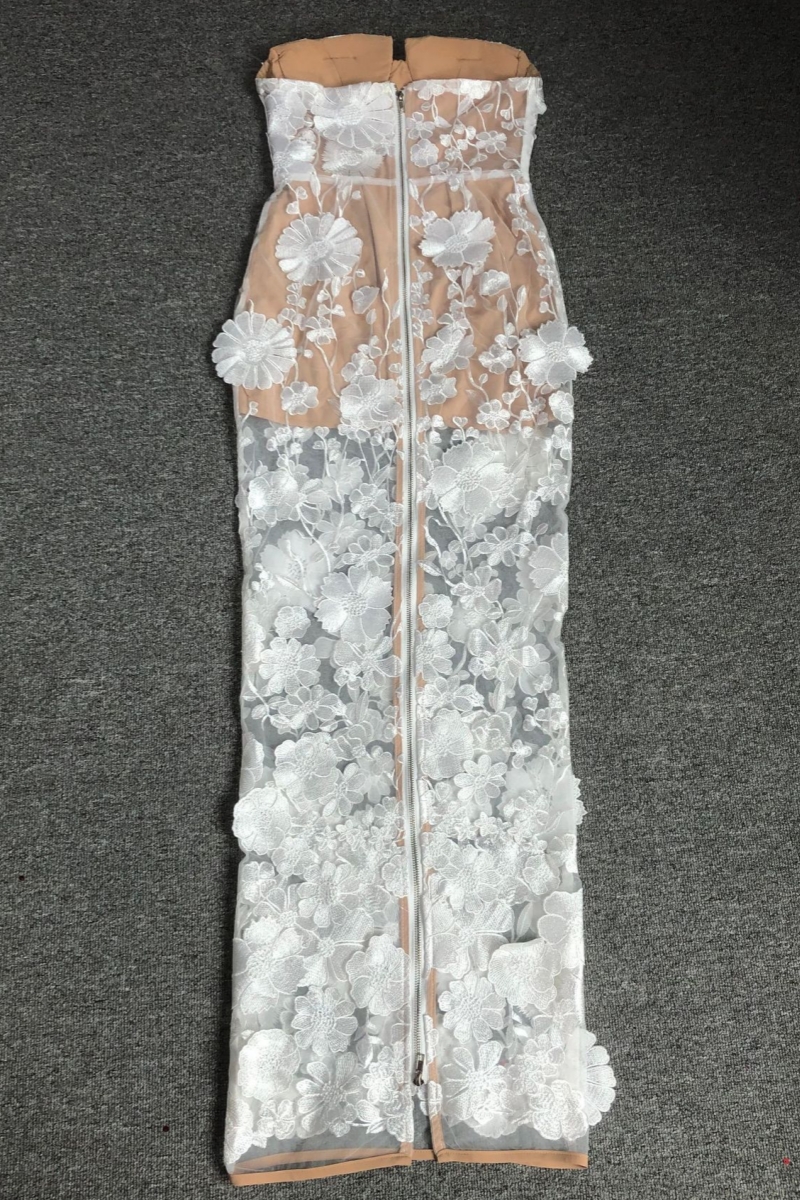 Kendall White Strapless 3D Flower Maxi Dress
