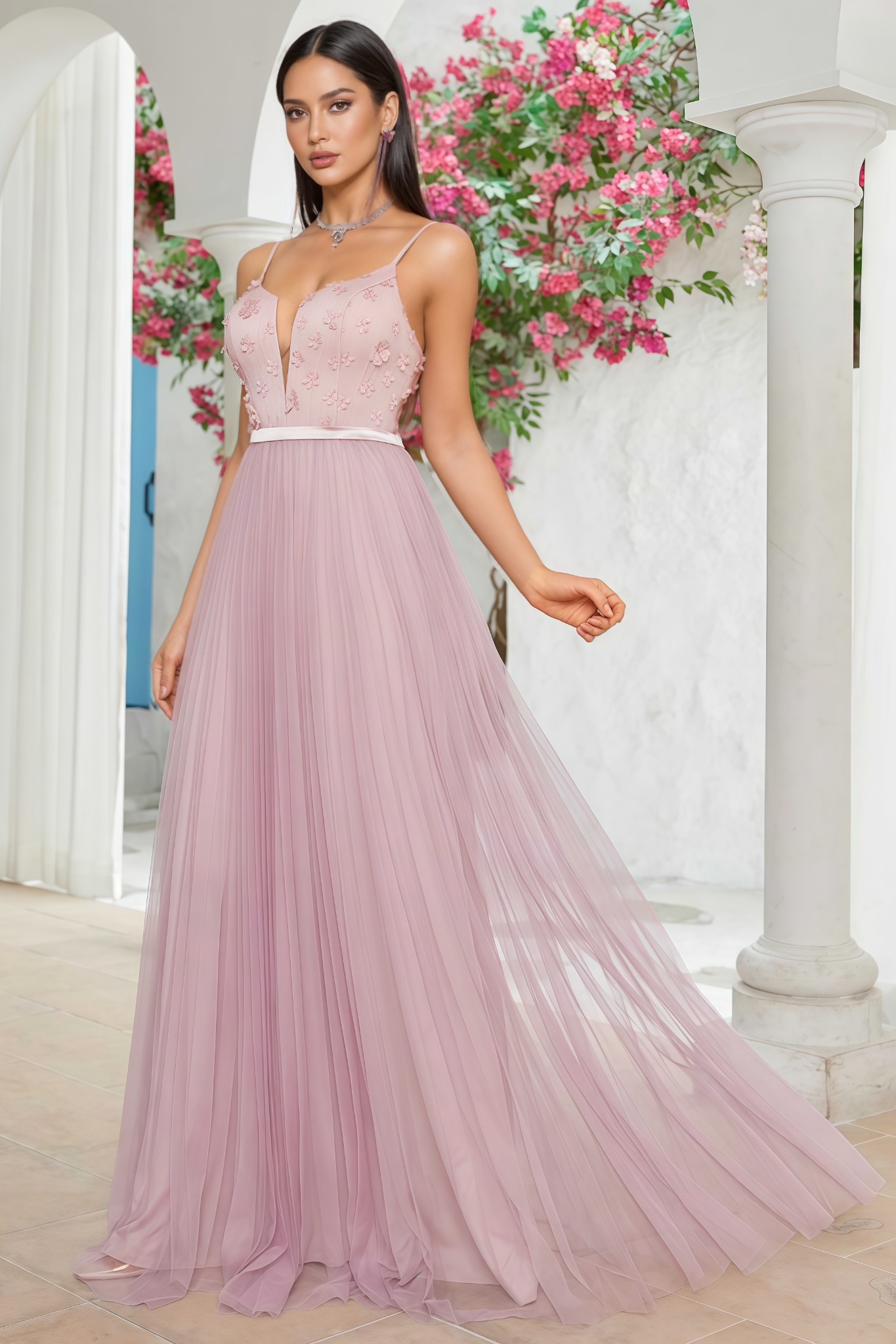 OlibiatI Pink Tulle Halter Maxi Dress
