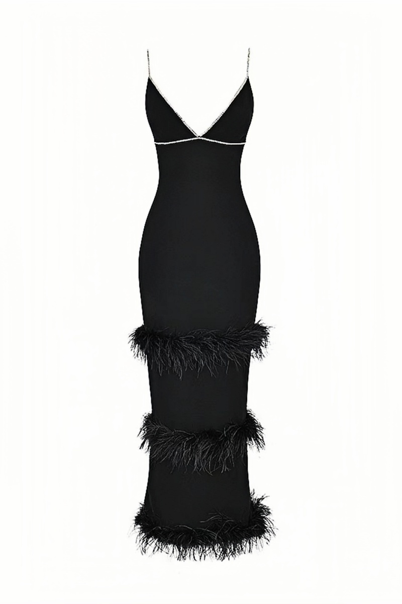 Minma Fringed Feather Halter Maxi Dress