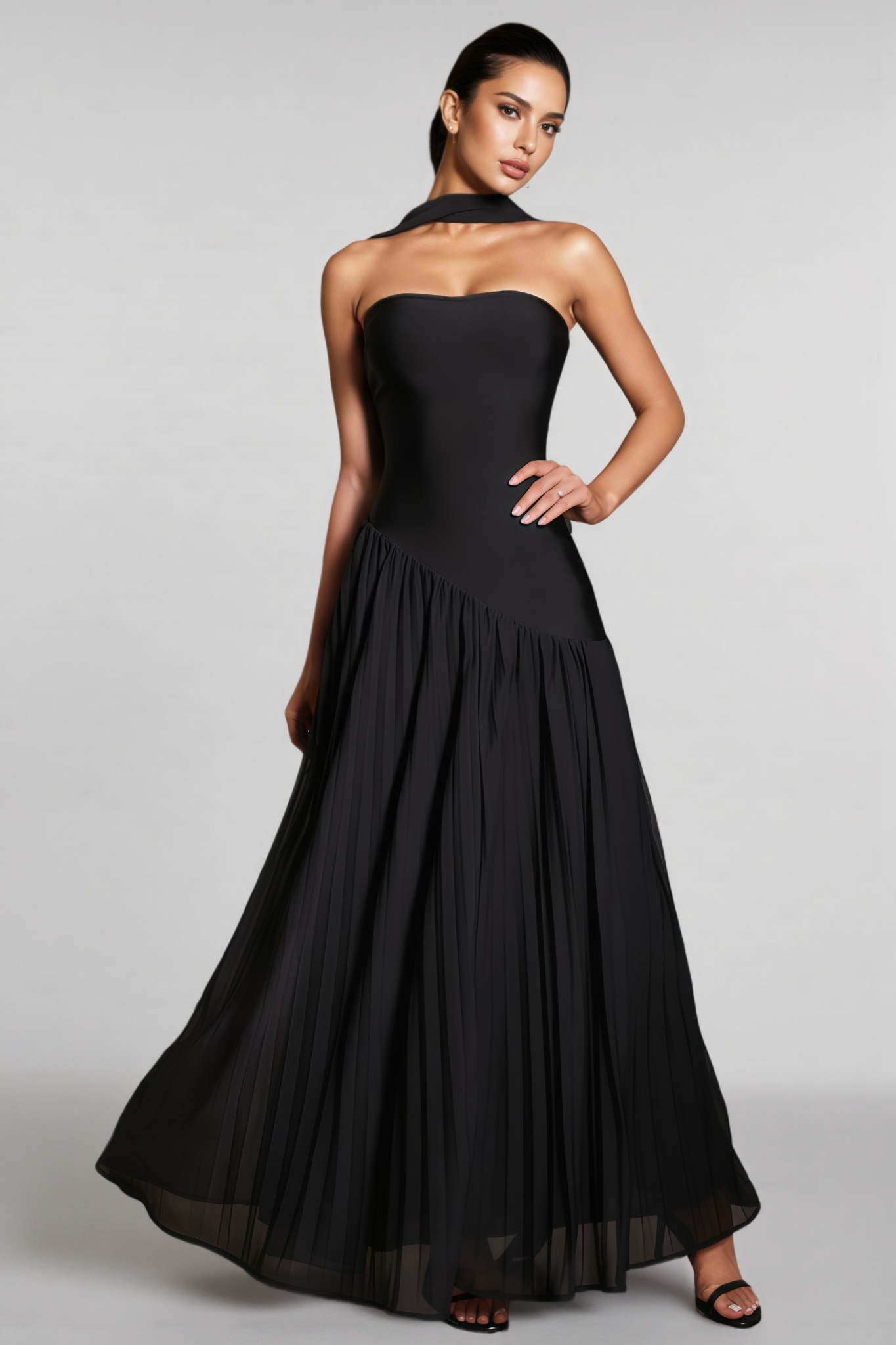 Birtin Strapless Mesh Pleated Maxi Dress