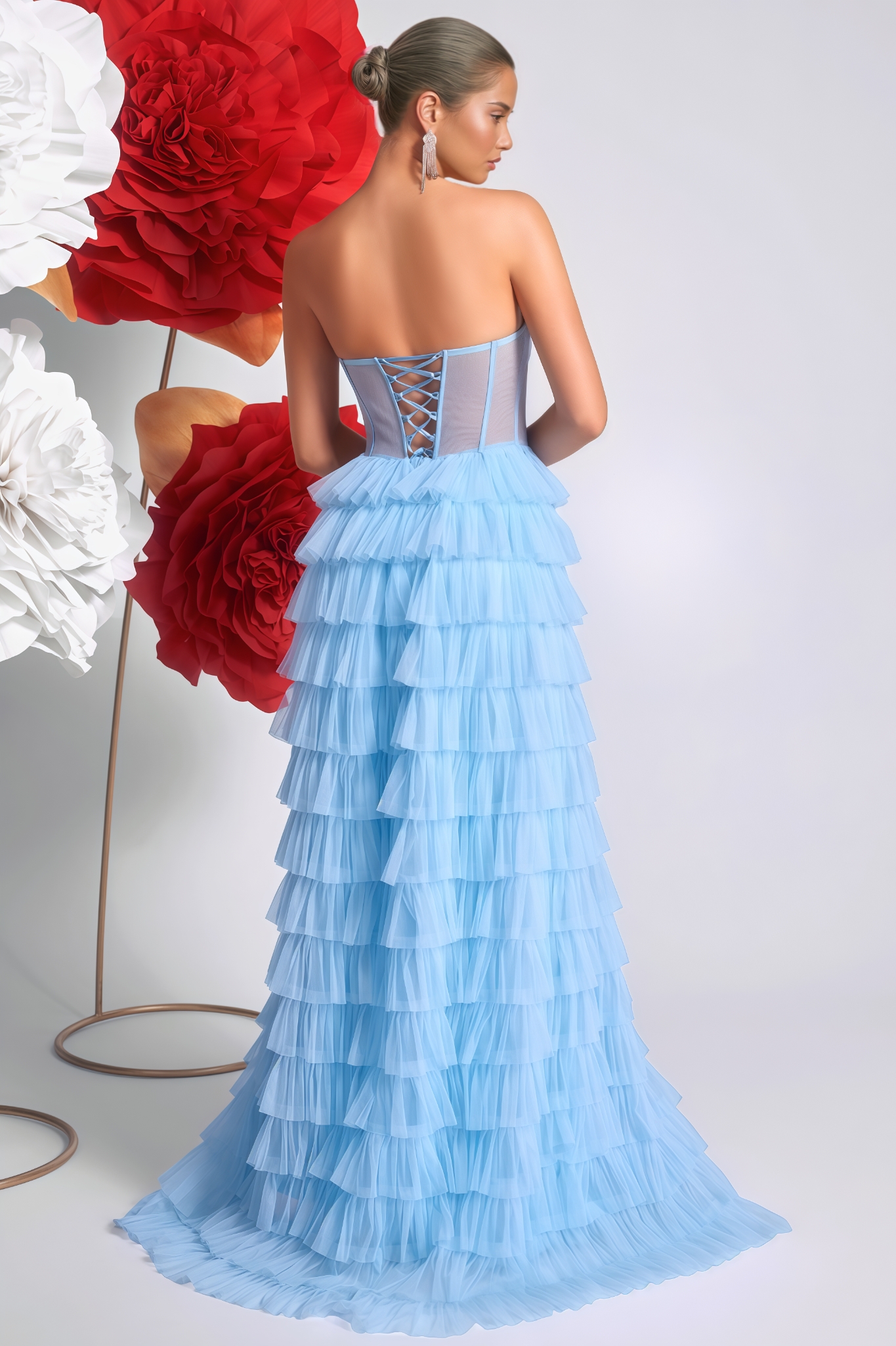 Yohant Blue Strapless Mesh Slit Maxi Dress