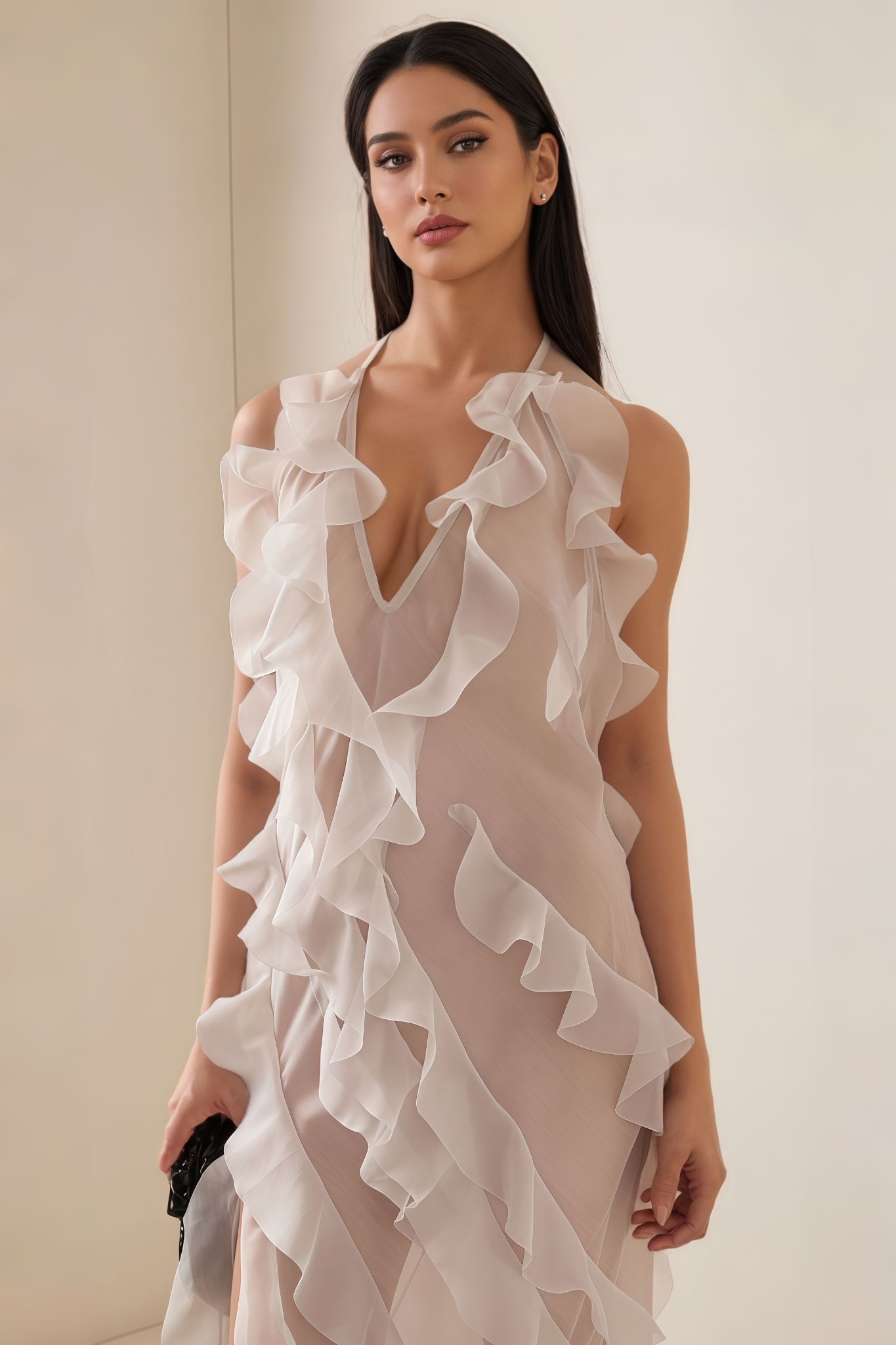 Lyrany White Slit Ruffled Asymmetrical Maxi Dress