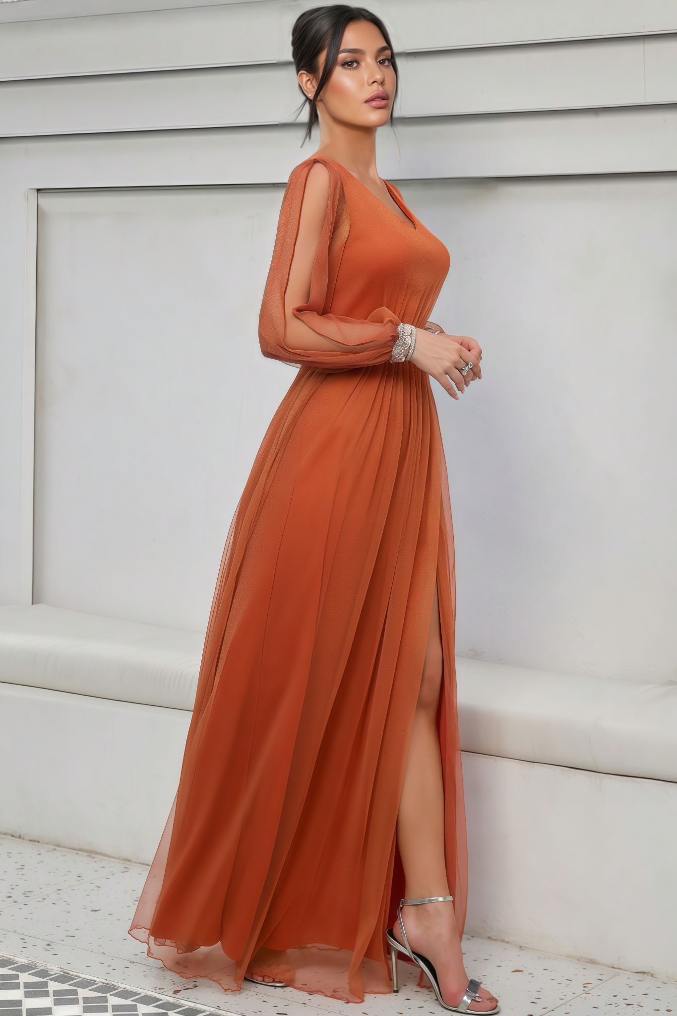Kole Orange V-neck Mesh Slit Maxi Dress