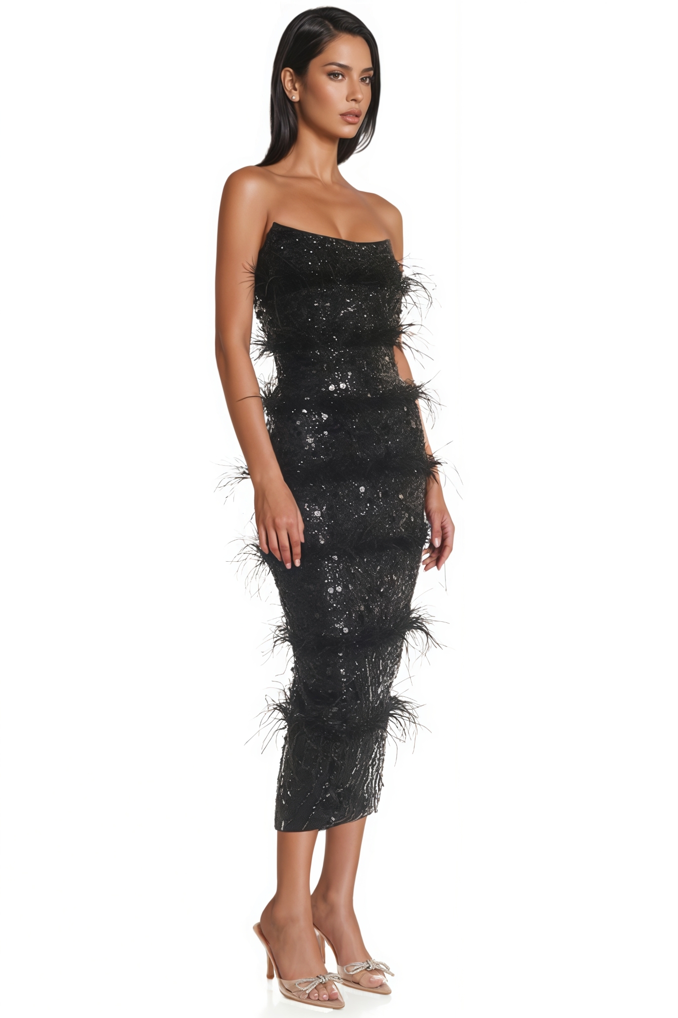 Alreem Sequined Off Shoulder Feather Midi Dress