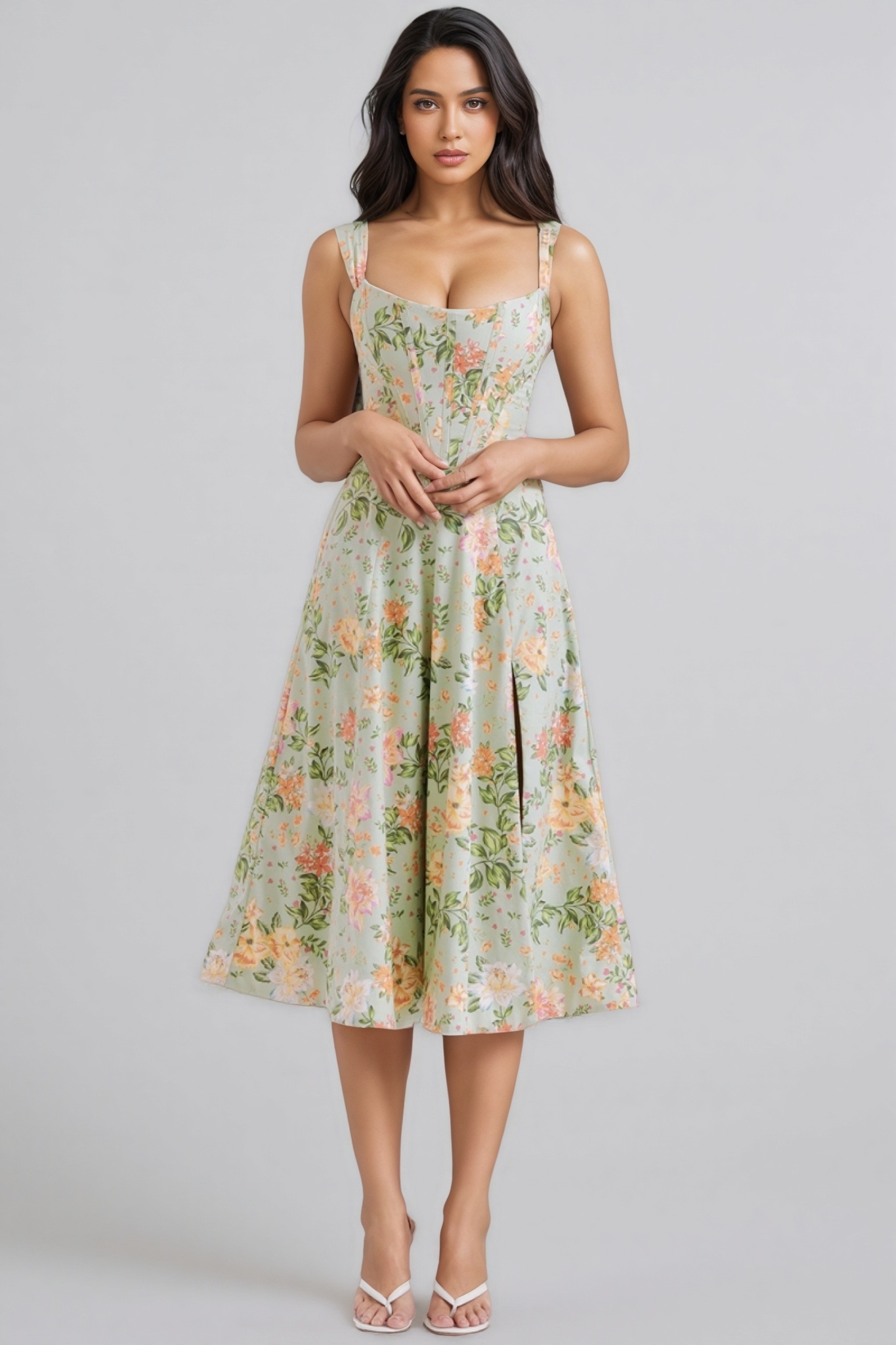 Nila Green Split Floral Midi Dress
