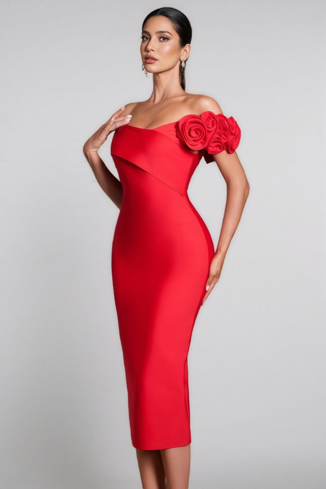 Lorelei Red 3D Floral Bandage Midi Dress