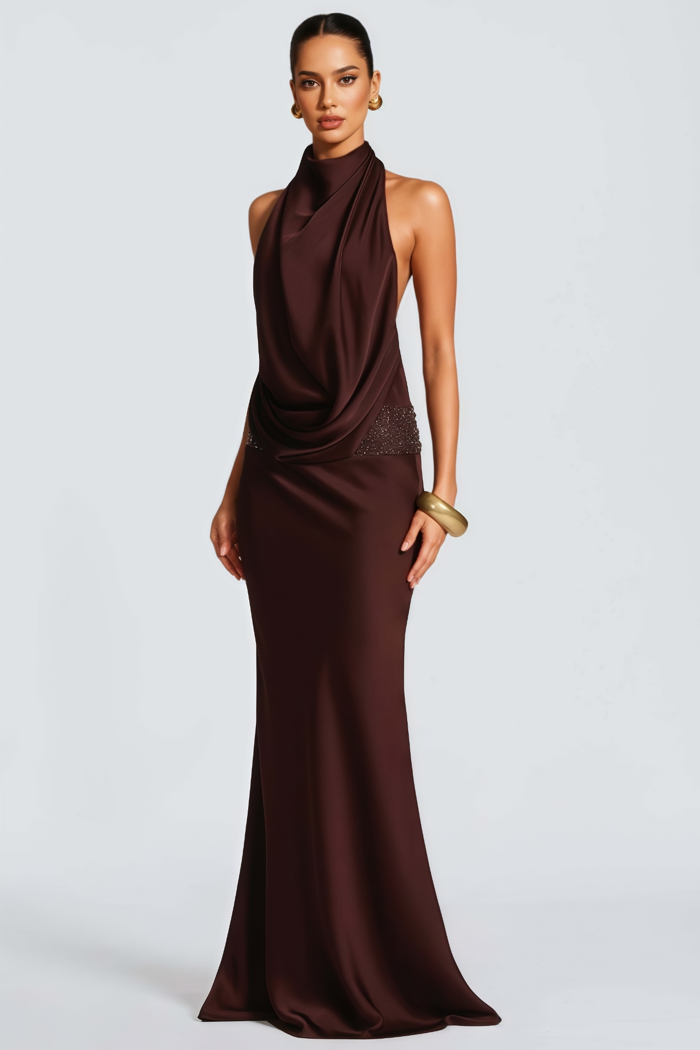 Tyrelrt Brown Backless Rhinestone Sleeveless Maxi Dress