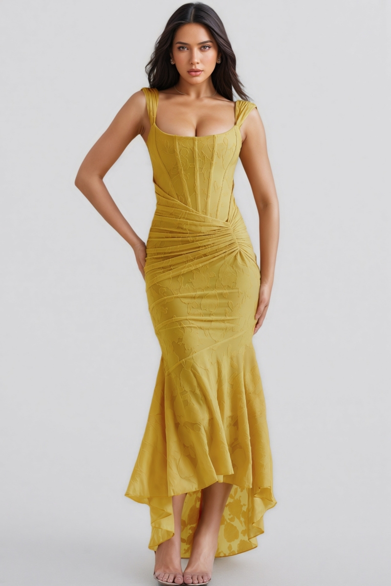 Kit Yellow Ruched Fishtail Maxi Dress