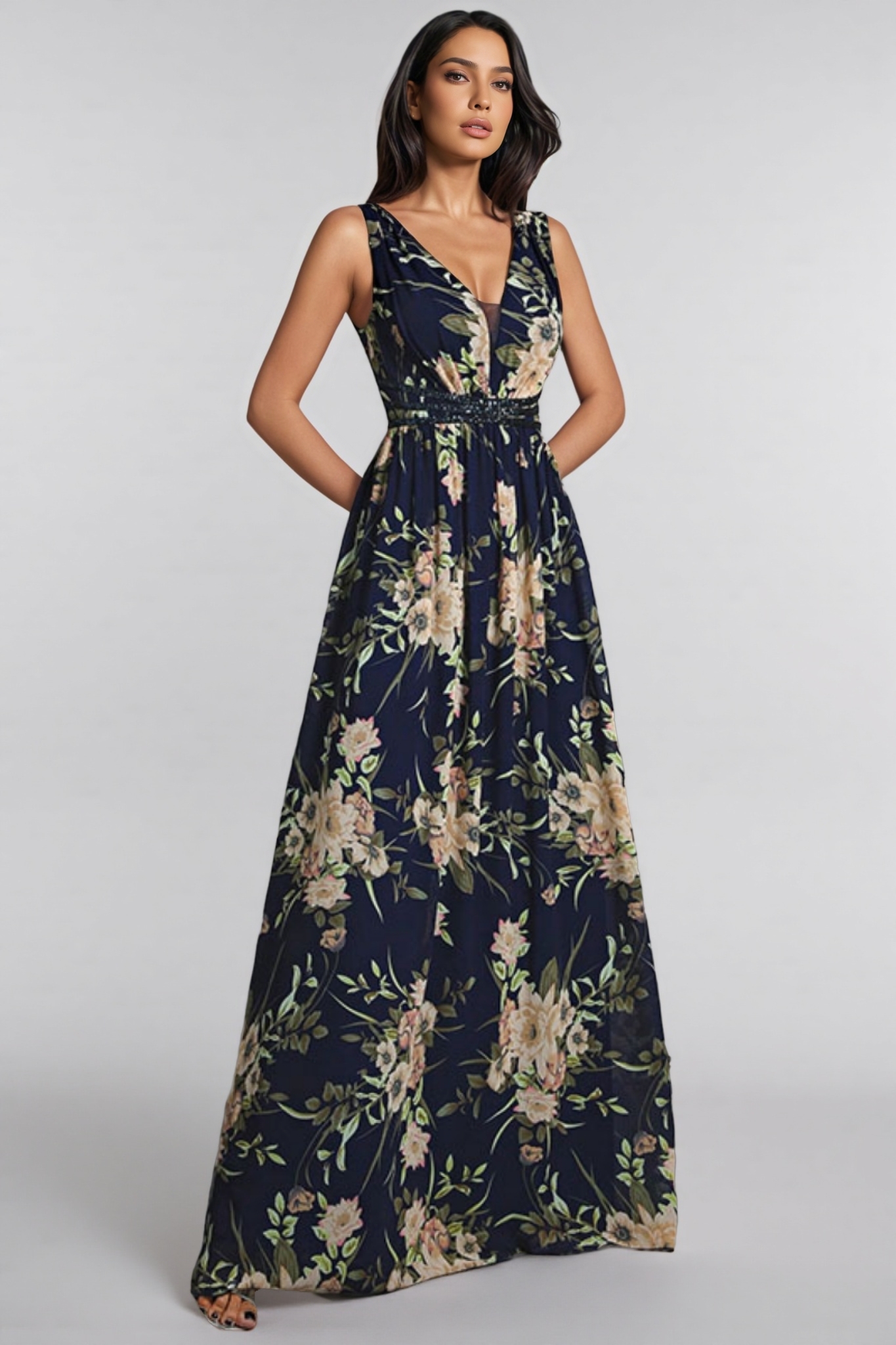Hedar Deep V-Neck Printed Maxi Dress