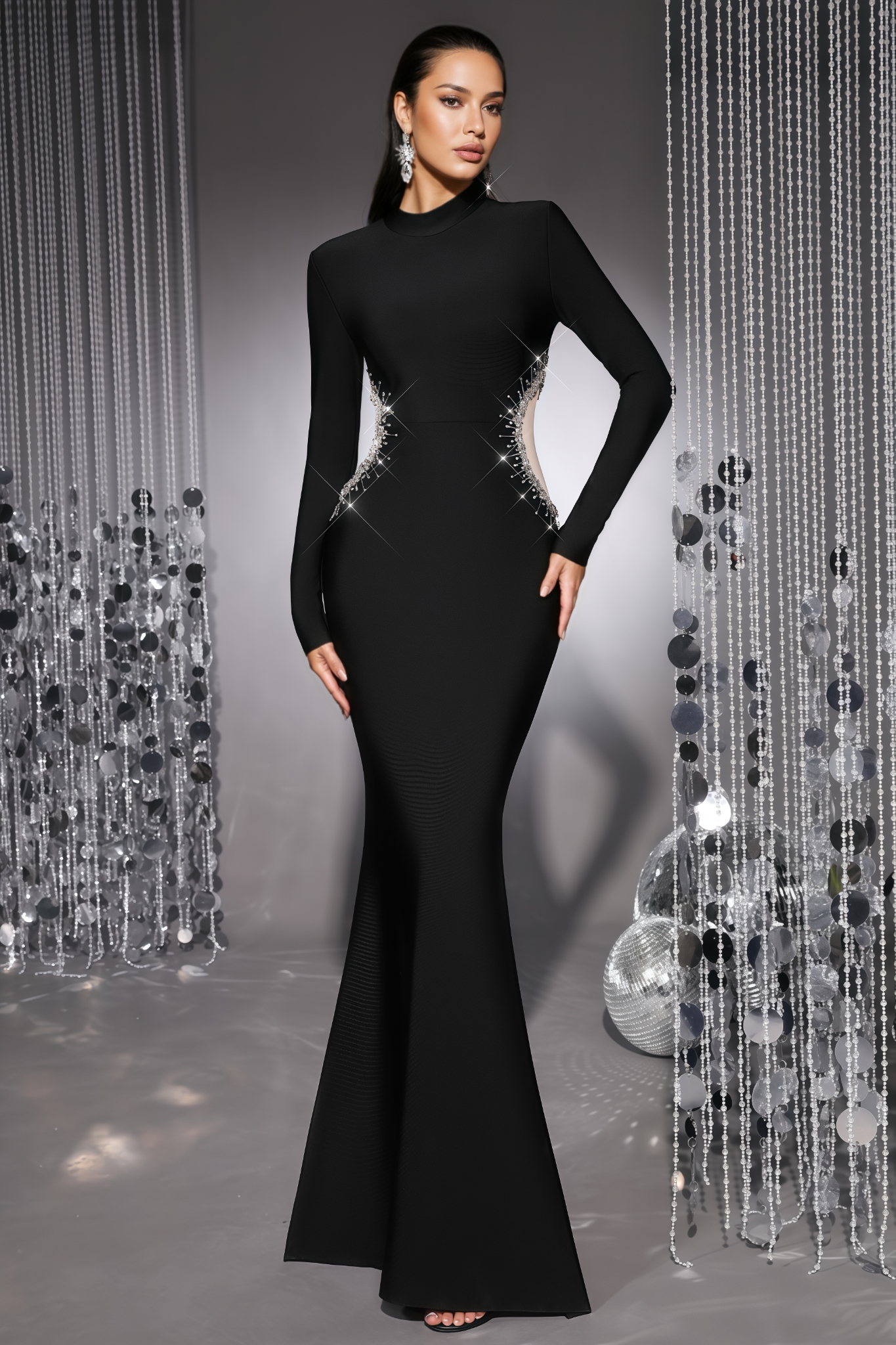 Daxorn Black Long Sleeve Bandage Maxi Dress