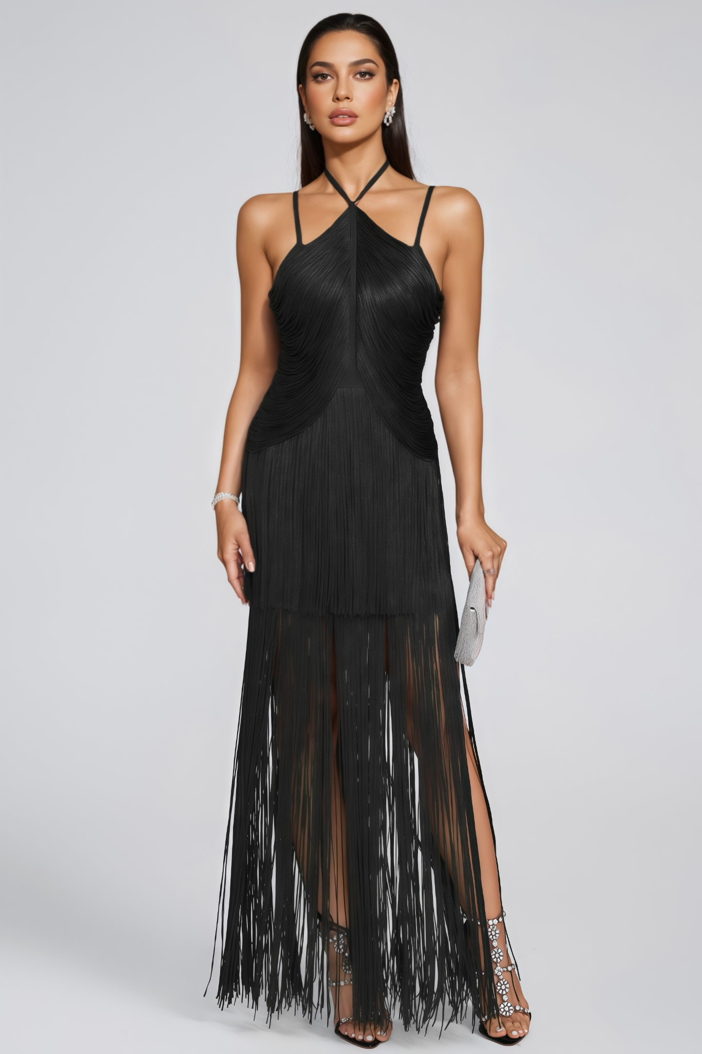 Urndint Black Tassel Halter Neck Midi Dress