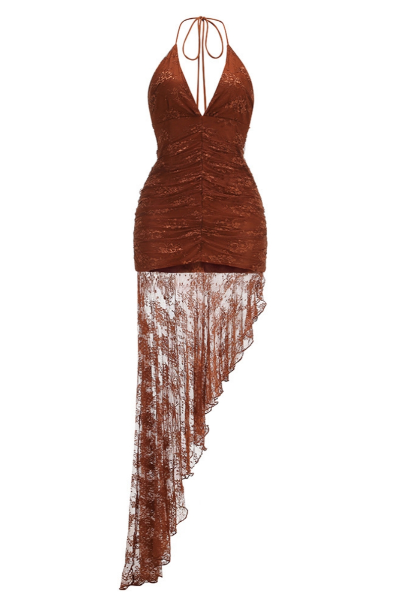 Lamellia Brown Halter Neck Lace Maxi Dress