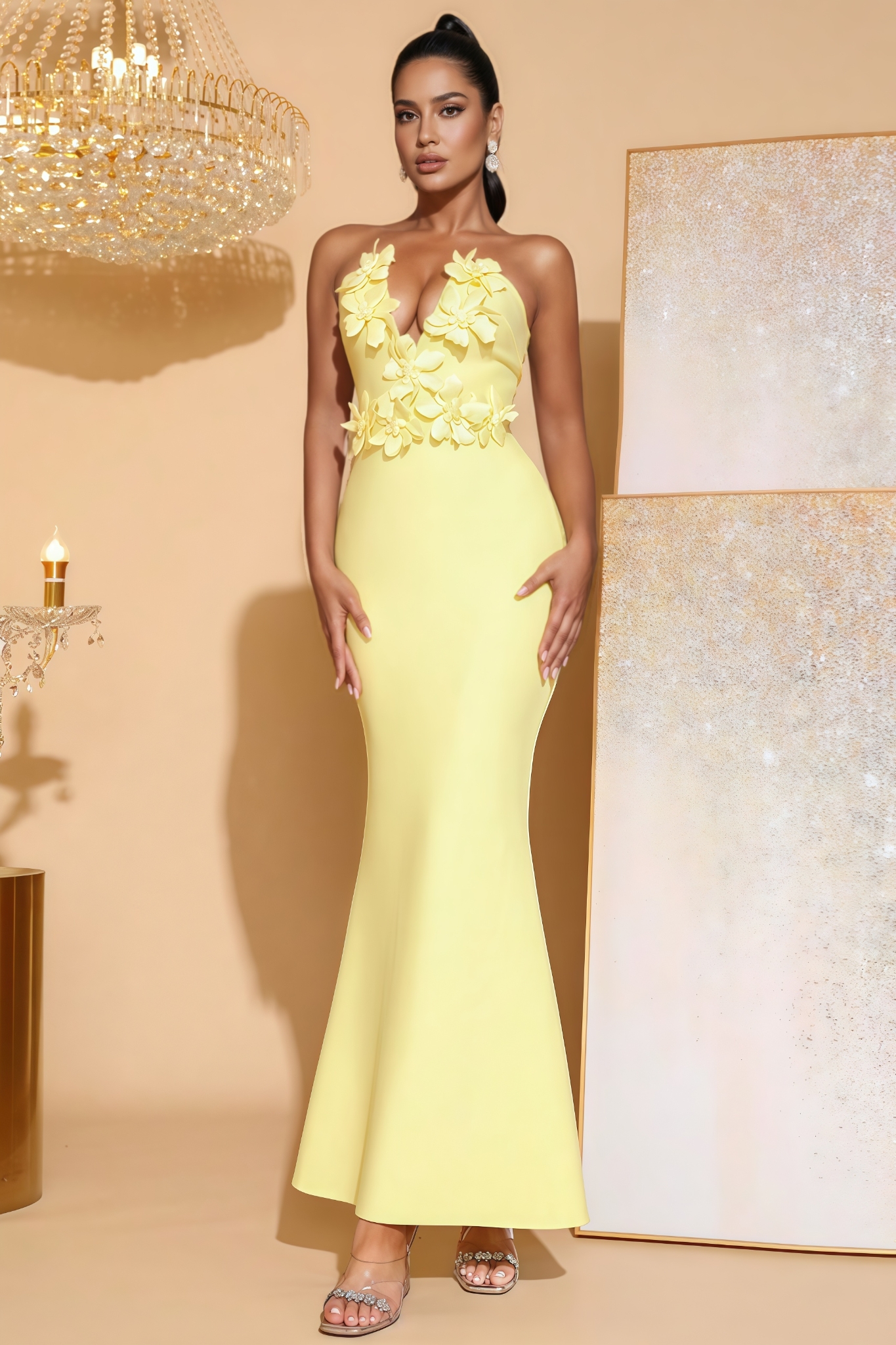Lark Yellow 3D Floral Fishtail Maxi Dress