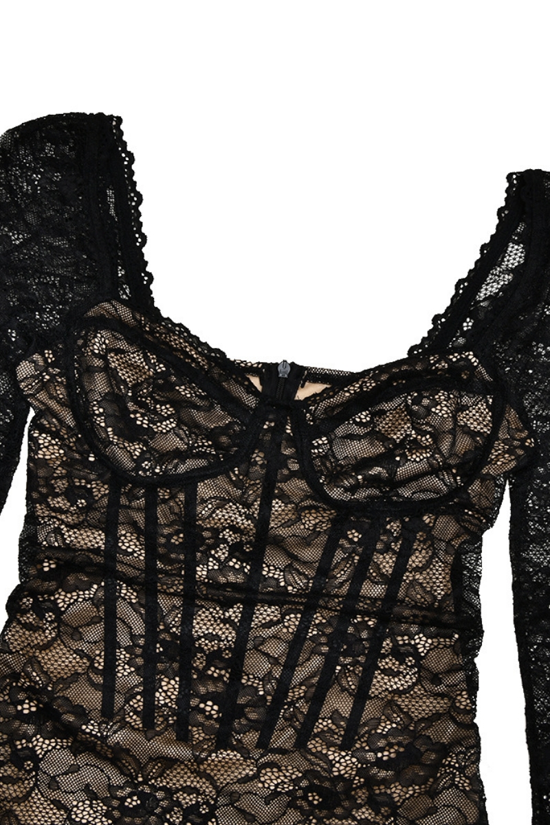 Eloran Black Long Sleeve Lace Mini Dress