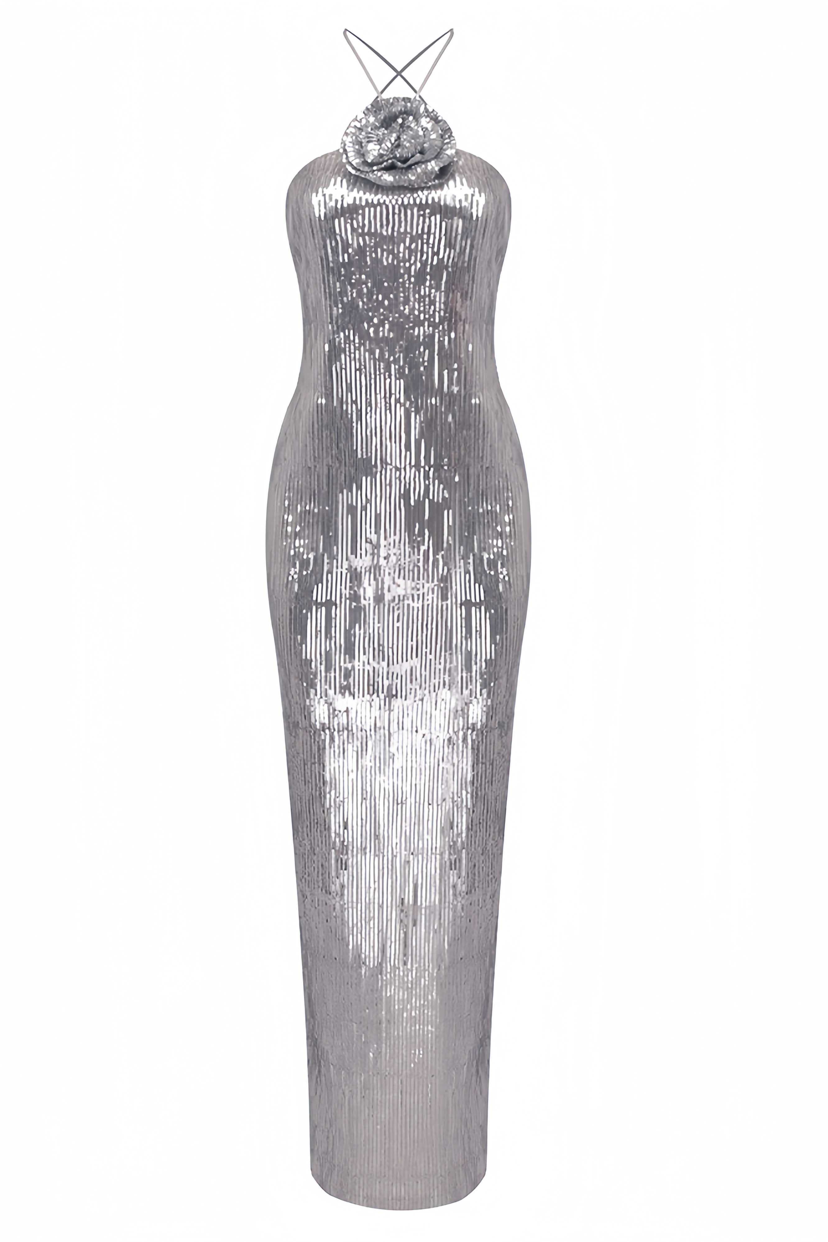 Soraya Silver Sequin 3D Floral Maxi Dress