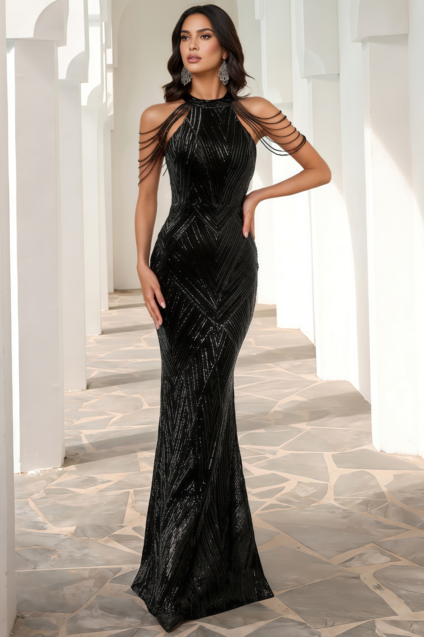 Palez Black Sequined Fishtail Maxi Dress