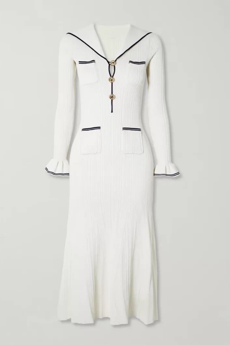 Joy White Ruffled Sleeve Knit Midi Dress