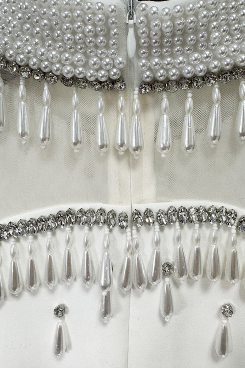 Celia White Long Sleeve Pearl Maxi Dress