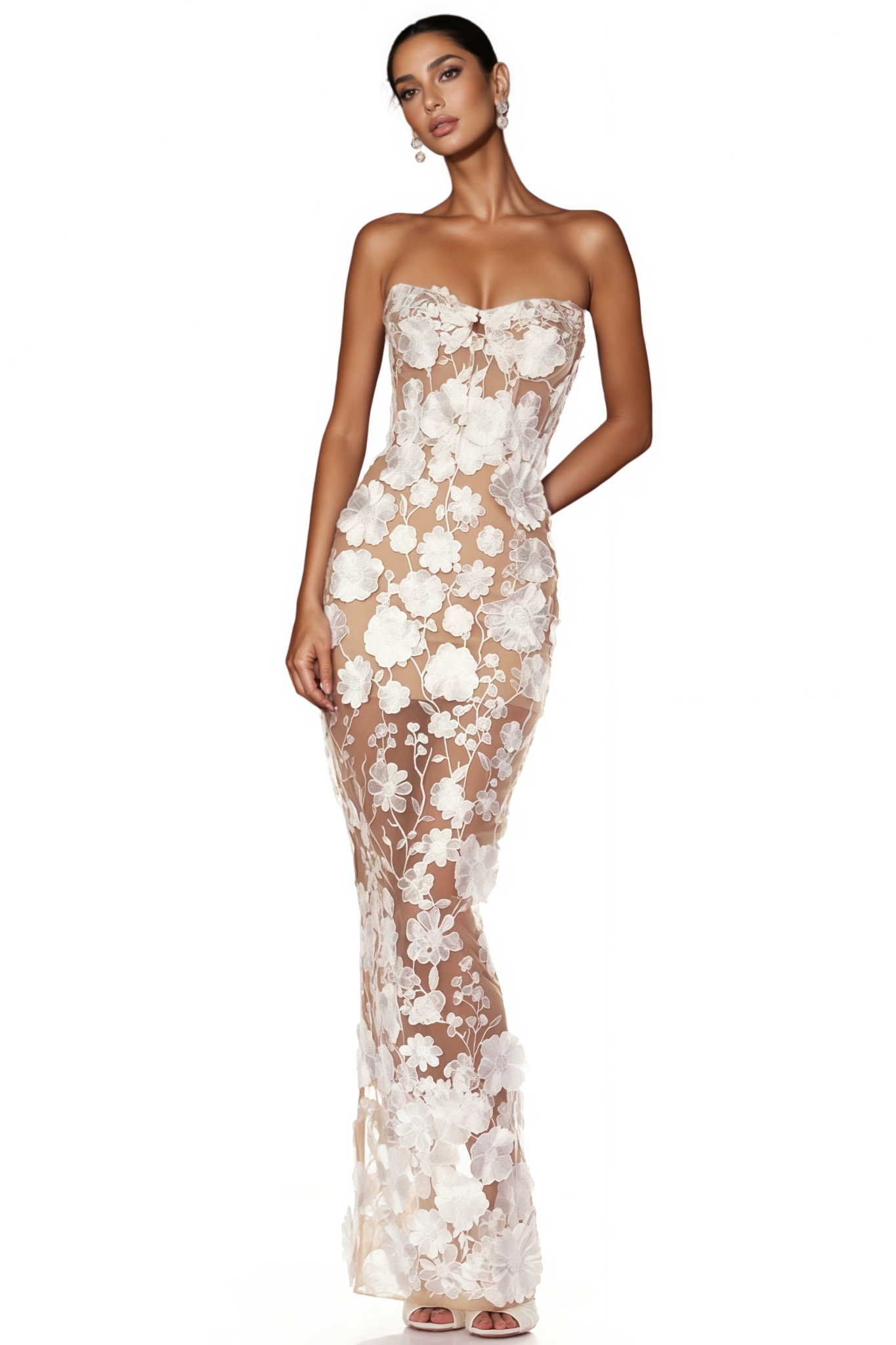 Kendall White Strapless 3D Flower Maxi Dress