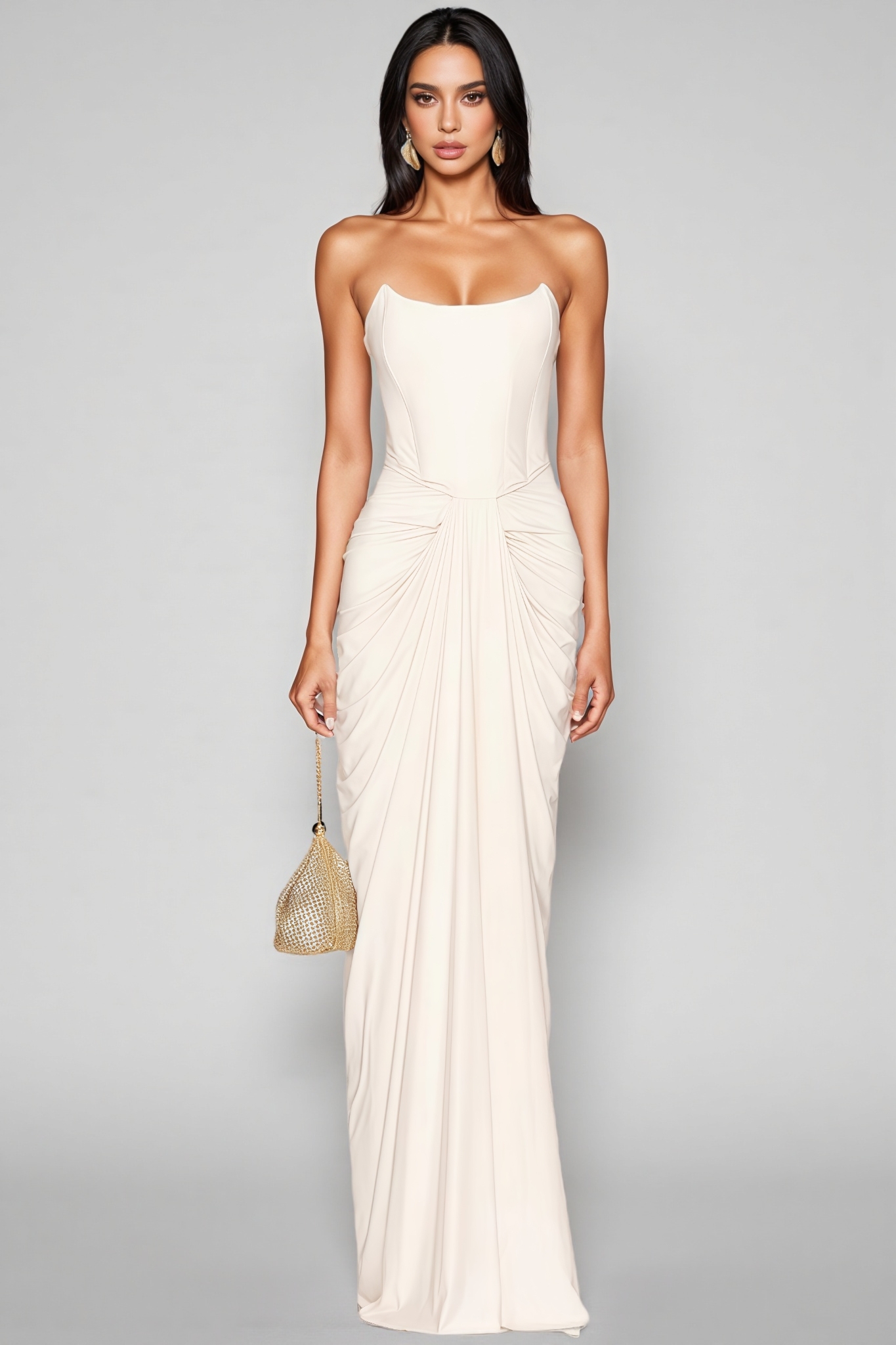 Tovarl White Plunge Fishbone Maxi Dress