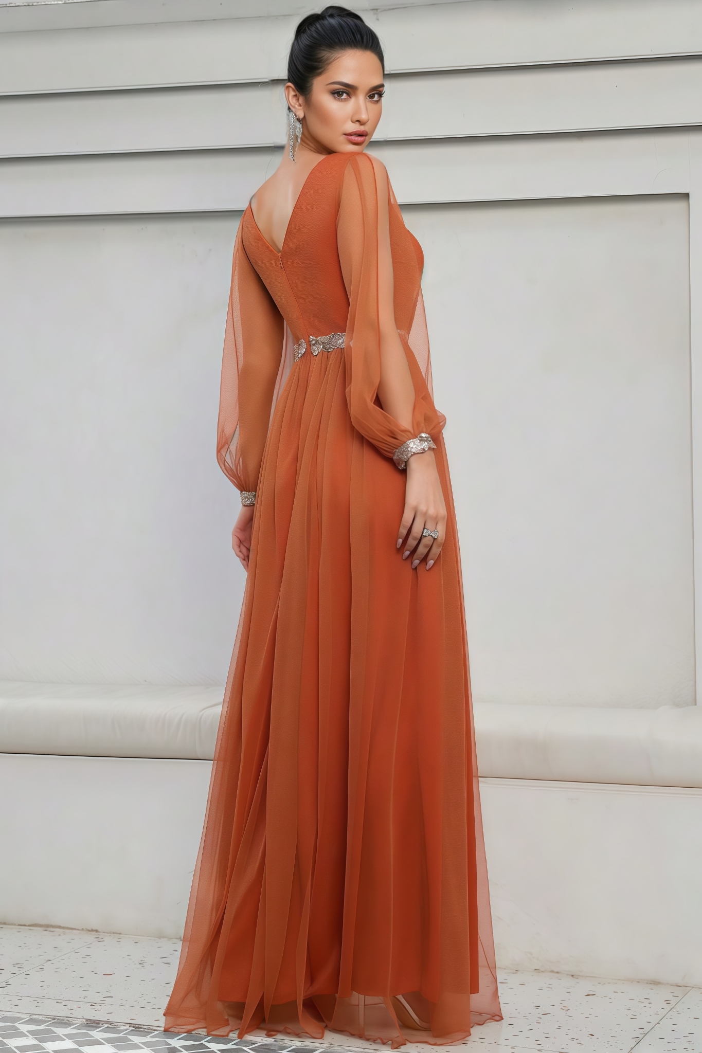 Kole Orange V-neck Mesh Slit Maxi Dress