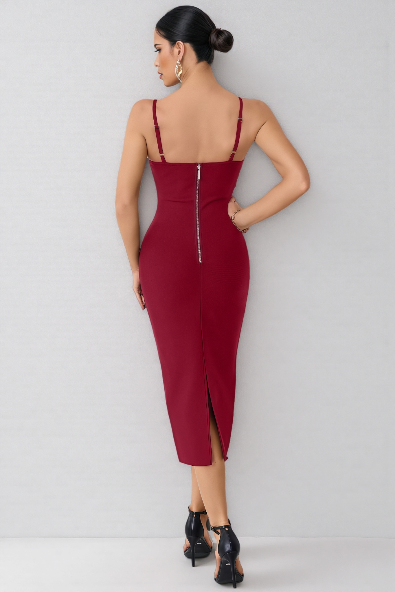 Slaia Red Studded Bandage Midi Dress