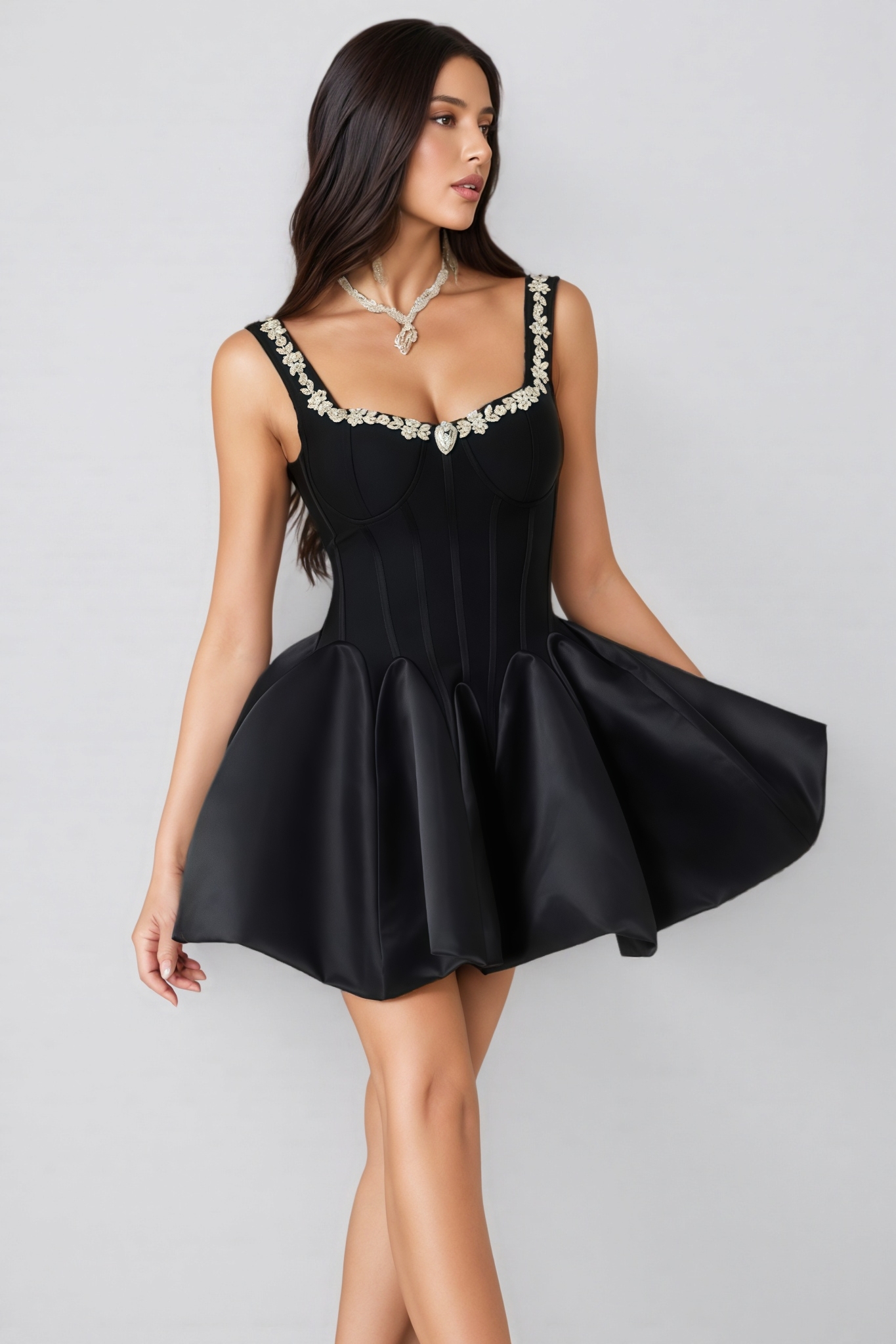 Dedrik Diamond Studded Square Neck Puffy Mini Dress