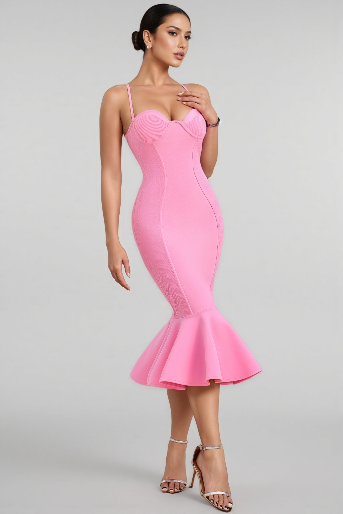 Viviana Pink Strappy Fishtail Bandage Midi Dress