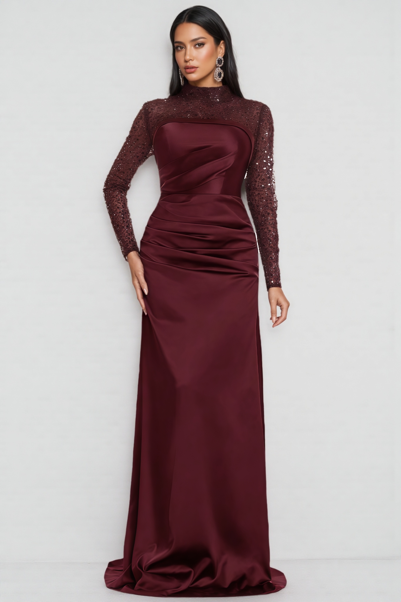 Oswind Red Sequined Long Sleeve Satin Maxi Dress