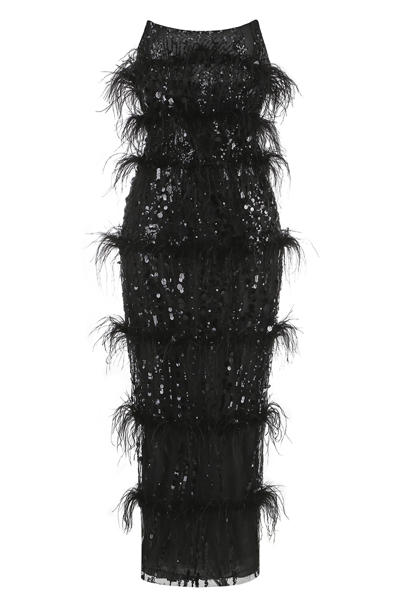 Alreem Sequined Off Shoulder Feather Midi Dress