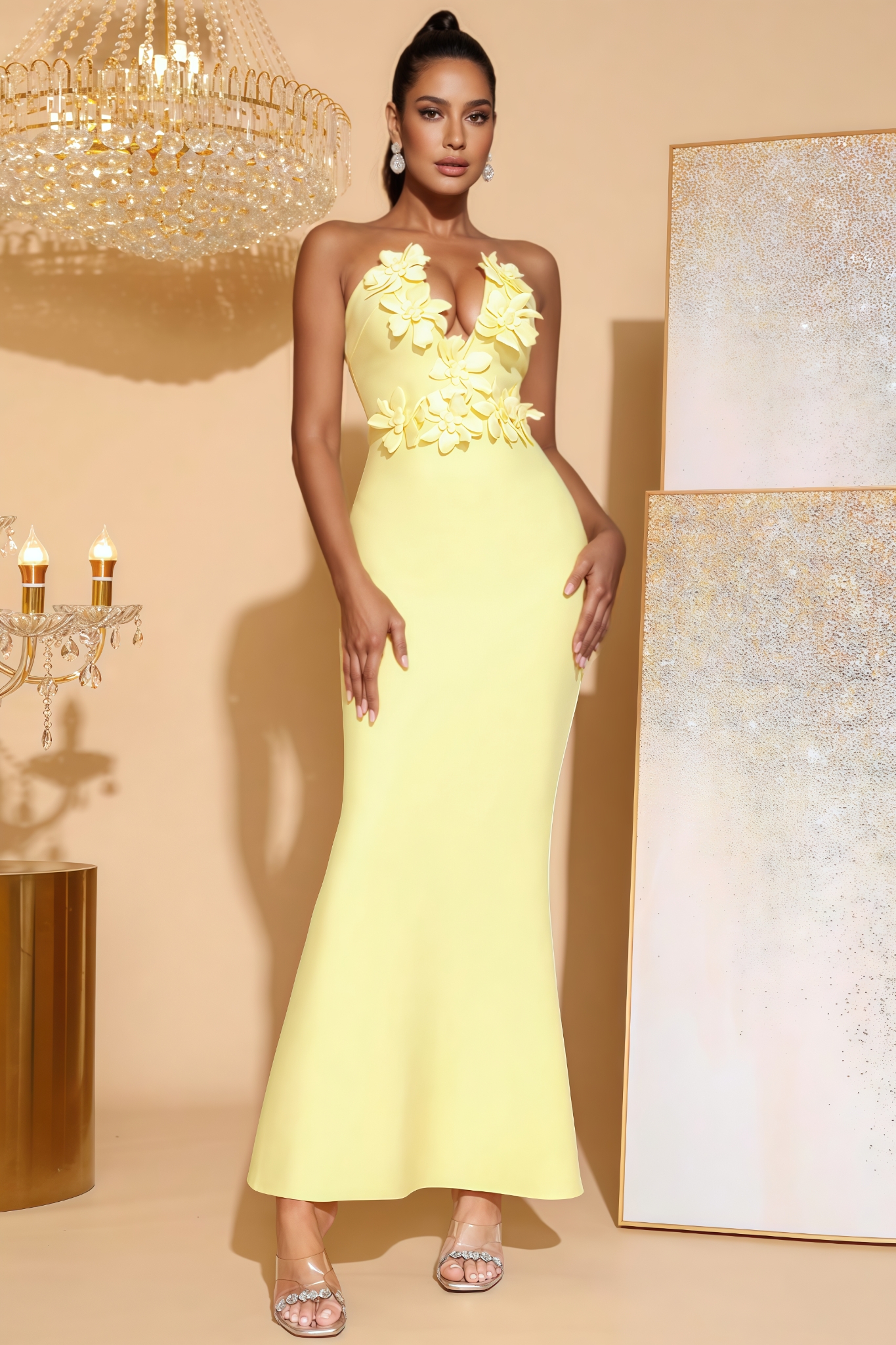 Lark Yellow 3D Floral Fishtail Maxi Dress