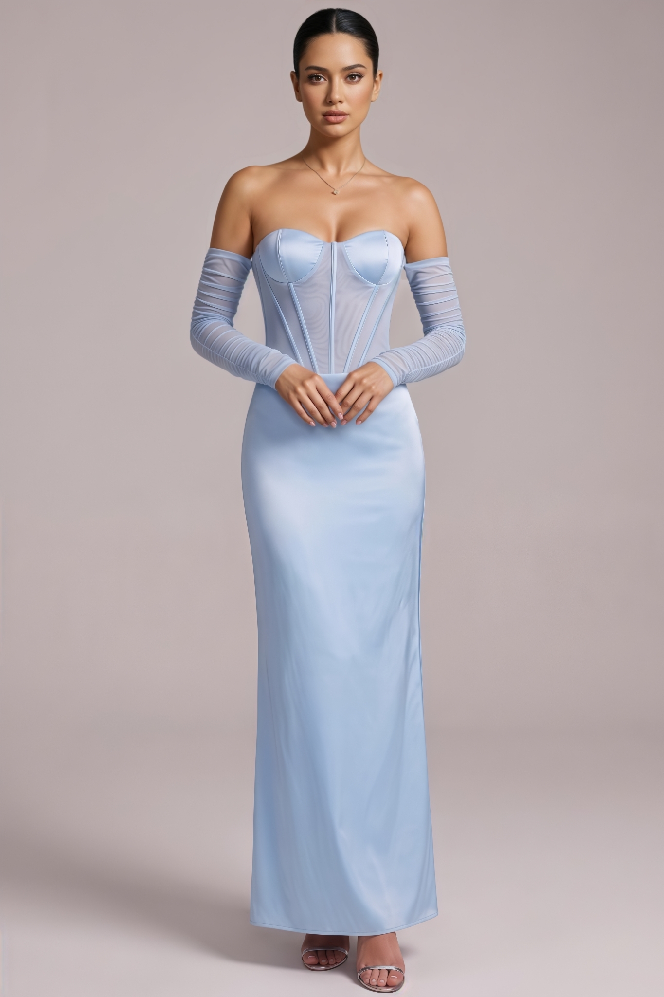 Mhian Blue Strapless Satin Maxi Dress