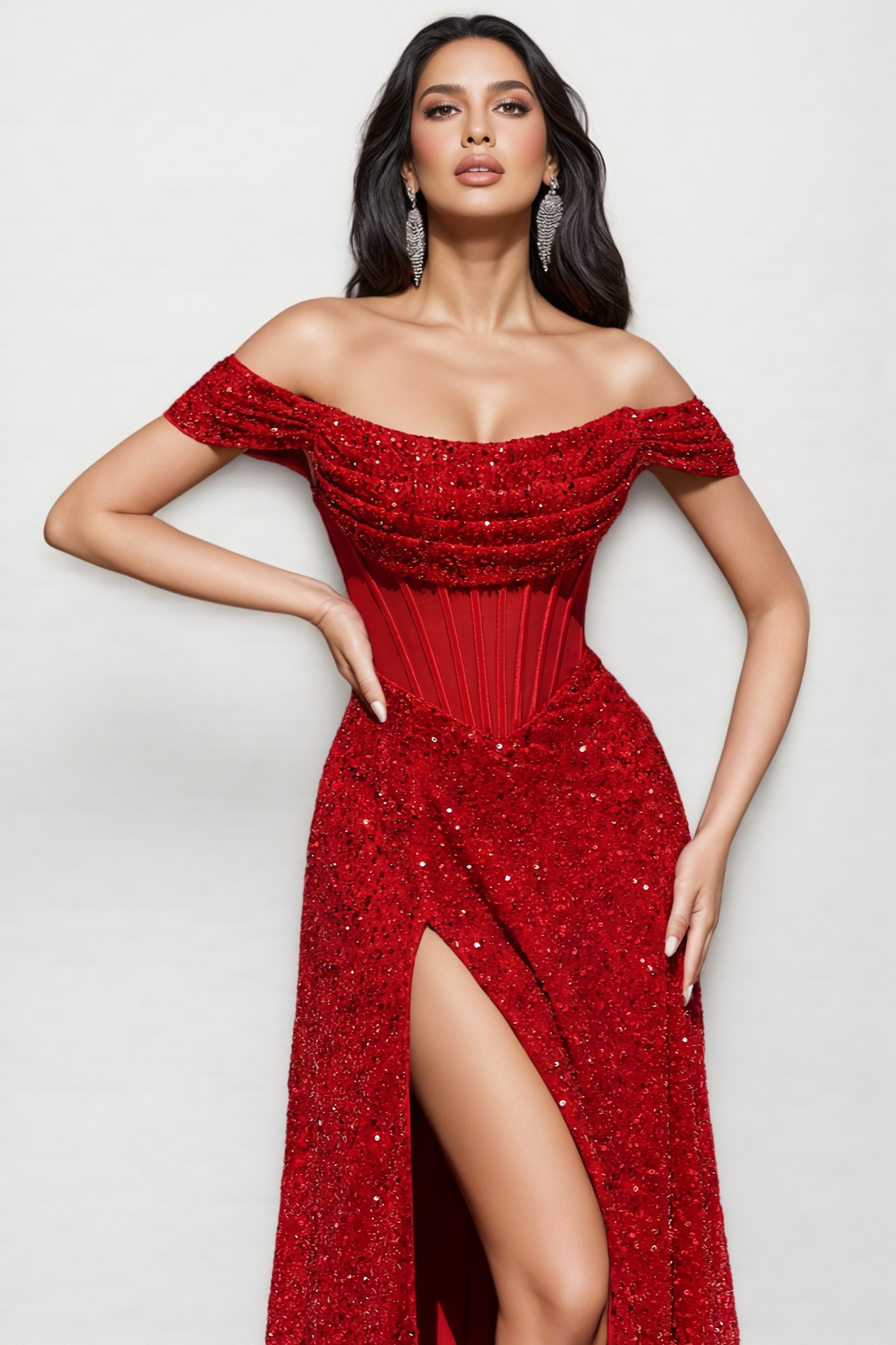 Yonny Red Off The Shoulder Sequin Maxi Dress
