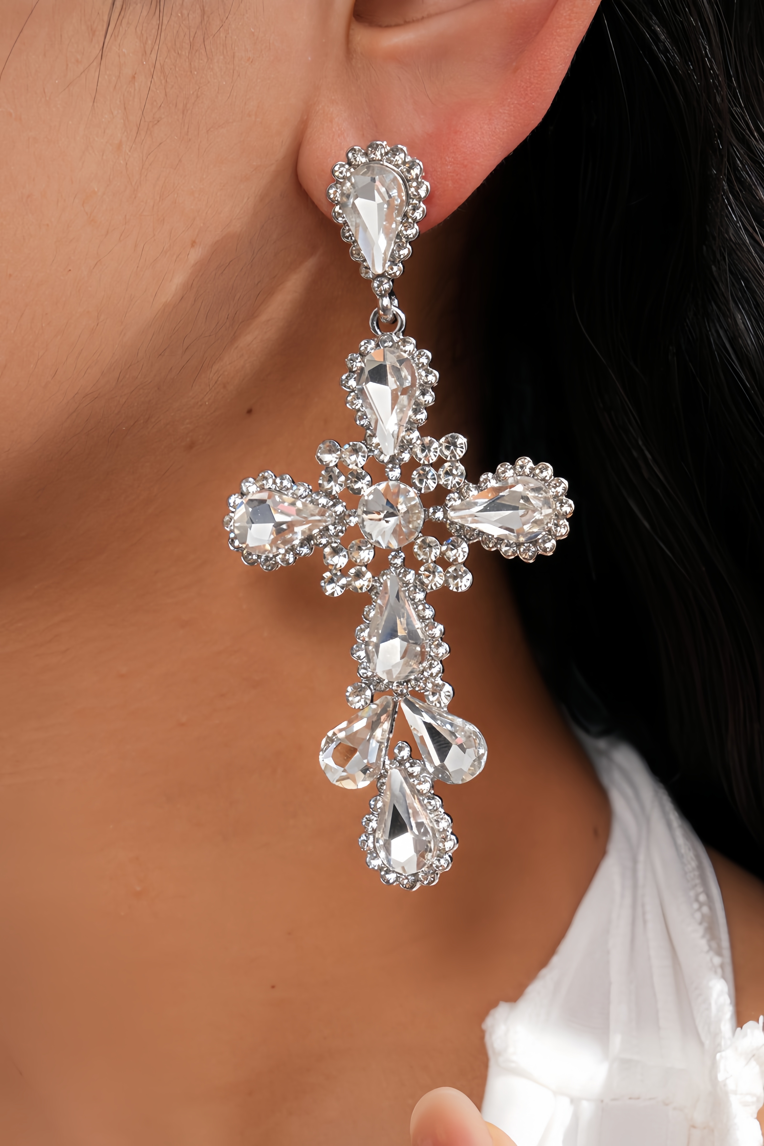Eltlan Silvery Diamond Studded Teardrop Cross Earrings