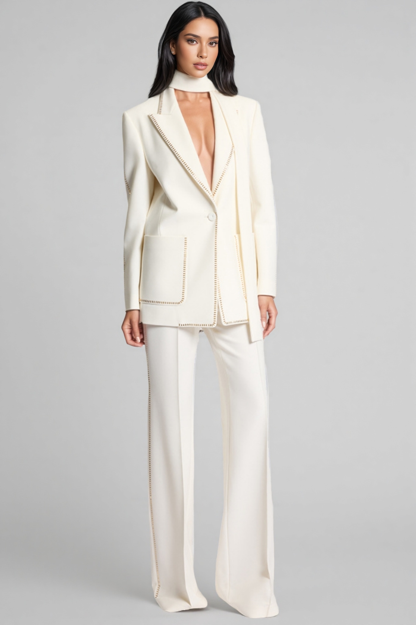 Eos Rhinestone Pocket Blazer High Waisted Pants Set