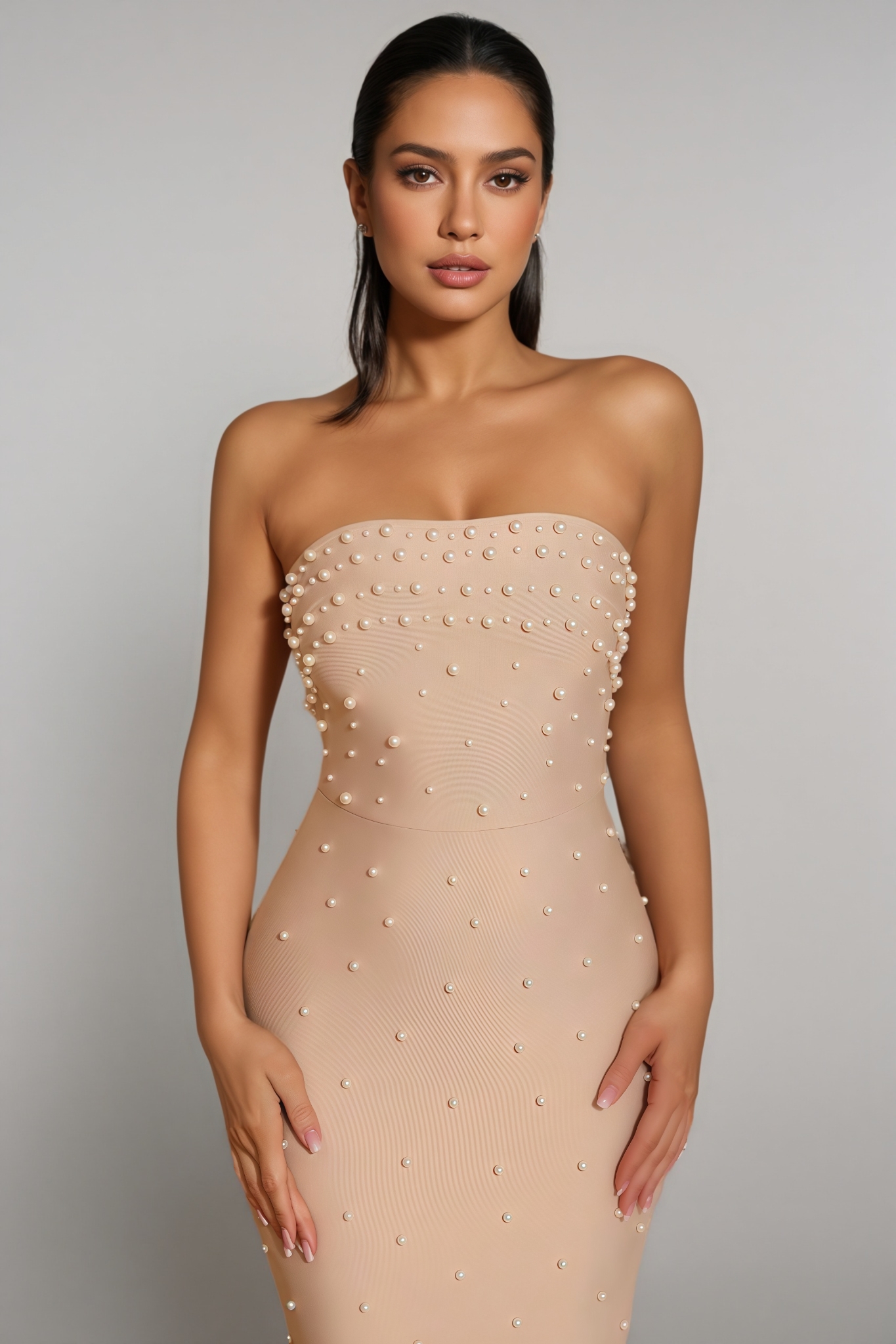 Sevyn Apricot Strapless Pearl Maxi Dress