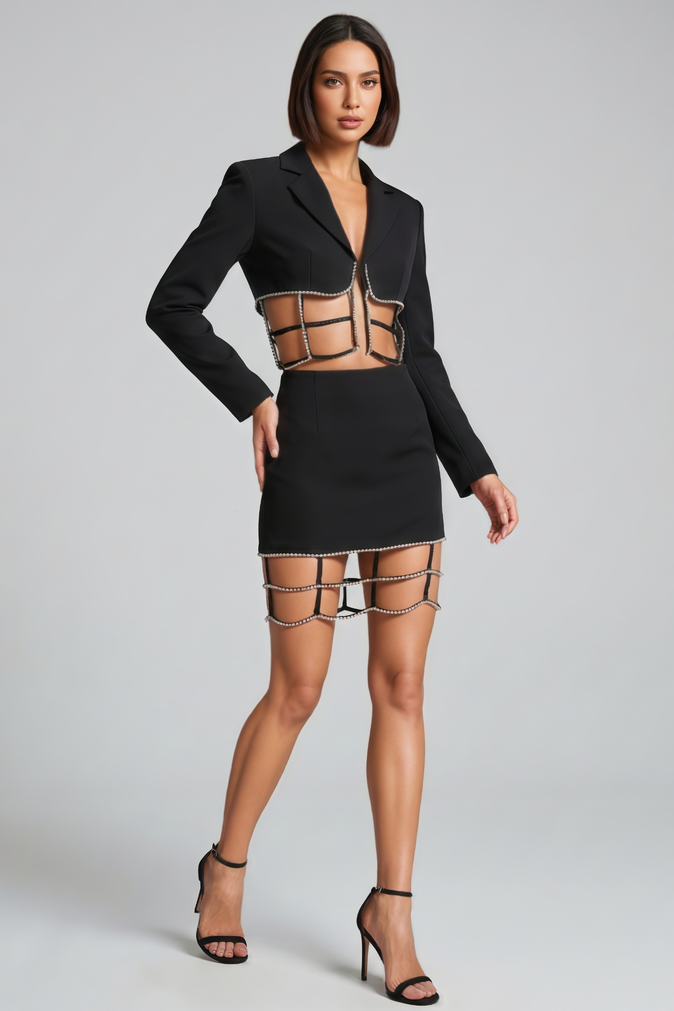 Norvin Black Rhinestone Embellished Mini Dress Set
