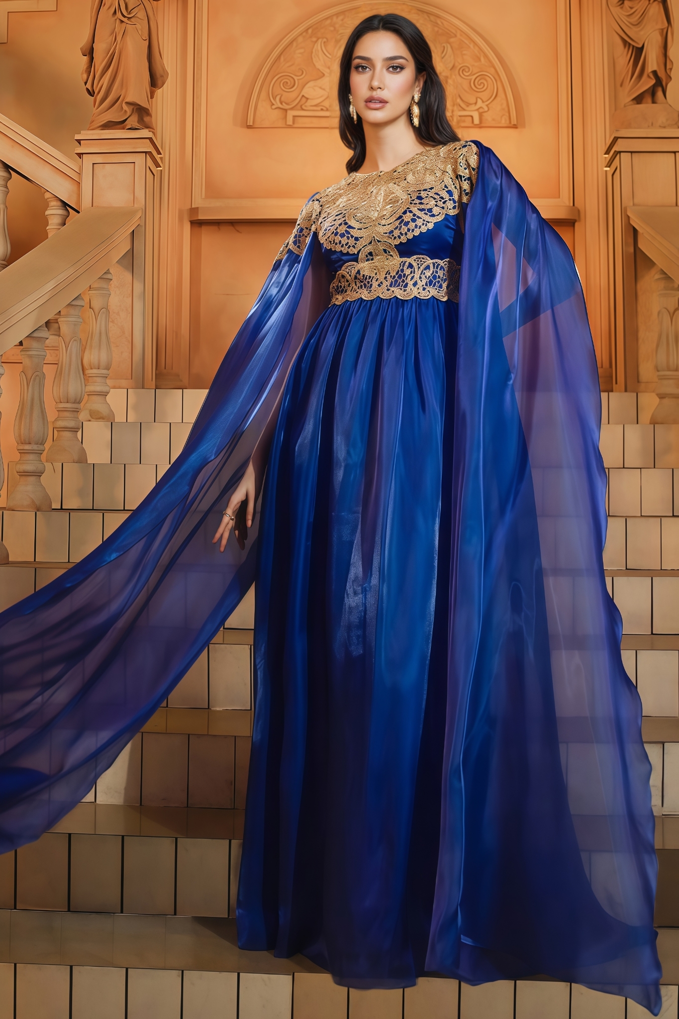 Joren Blue Long Sleeve Round Neck Maxi Dress