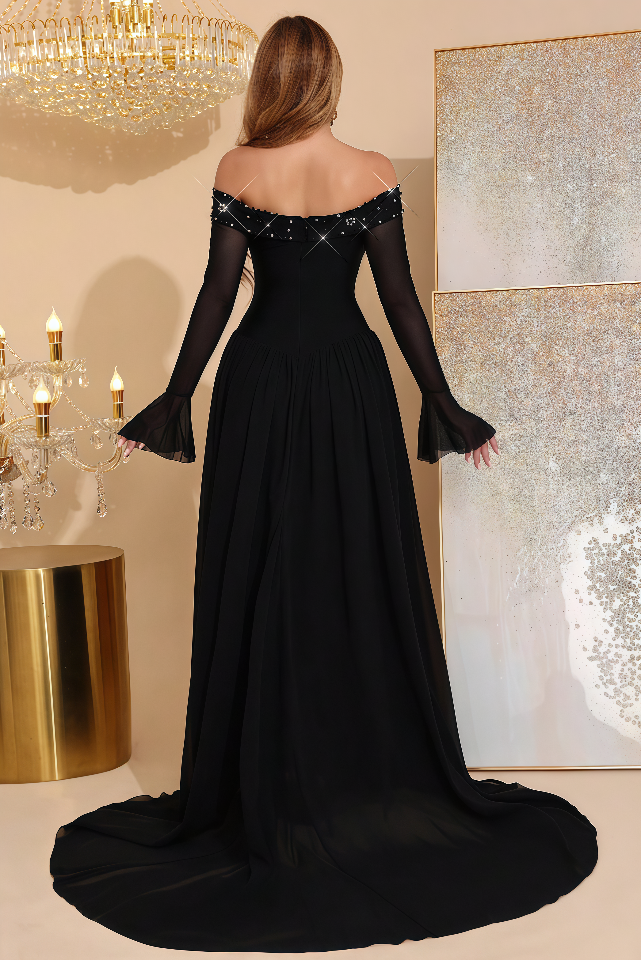 Lureiy Black Rhinestone Long Sleeve Bandage Maxi Dress