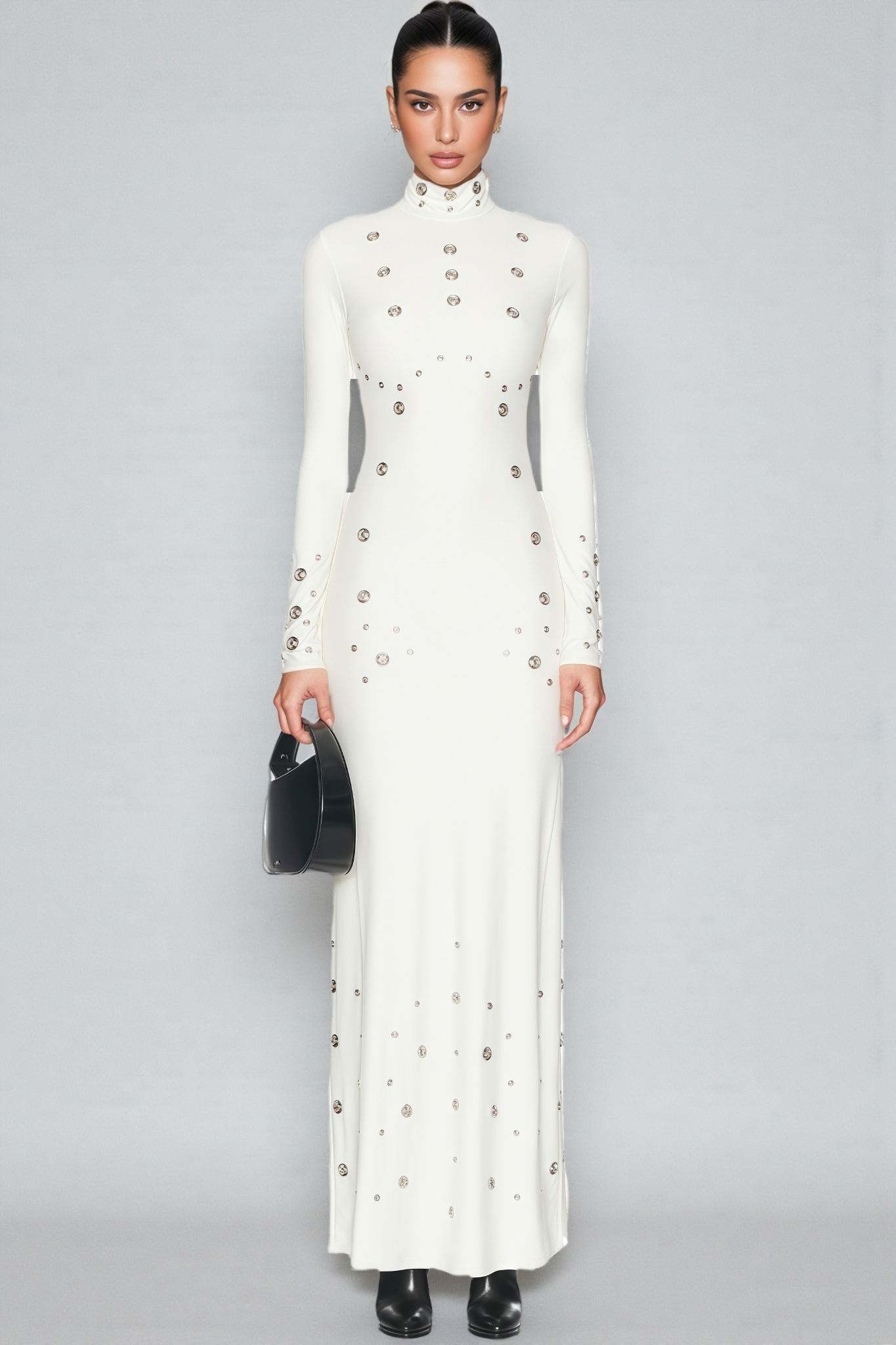 Nude White Studded Cutout Maxi Dress