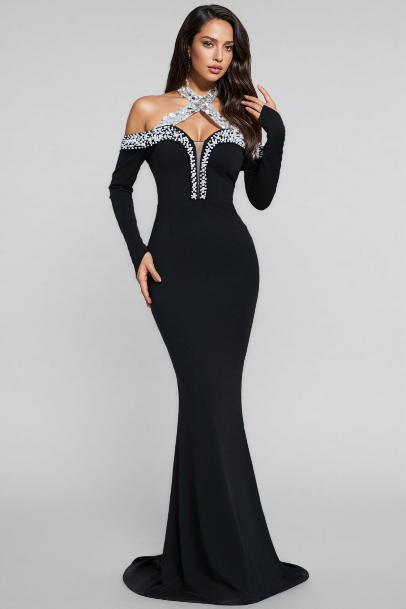 Hyxra Diamond Studded Fishtail Maxi Dress
