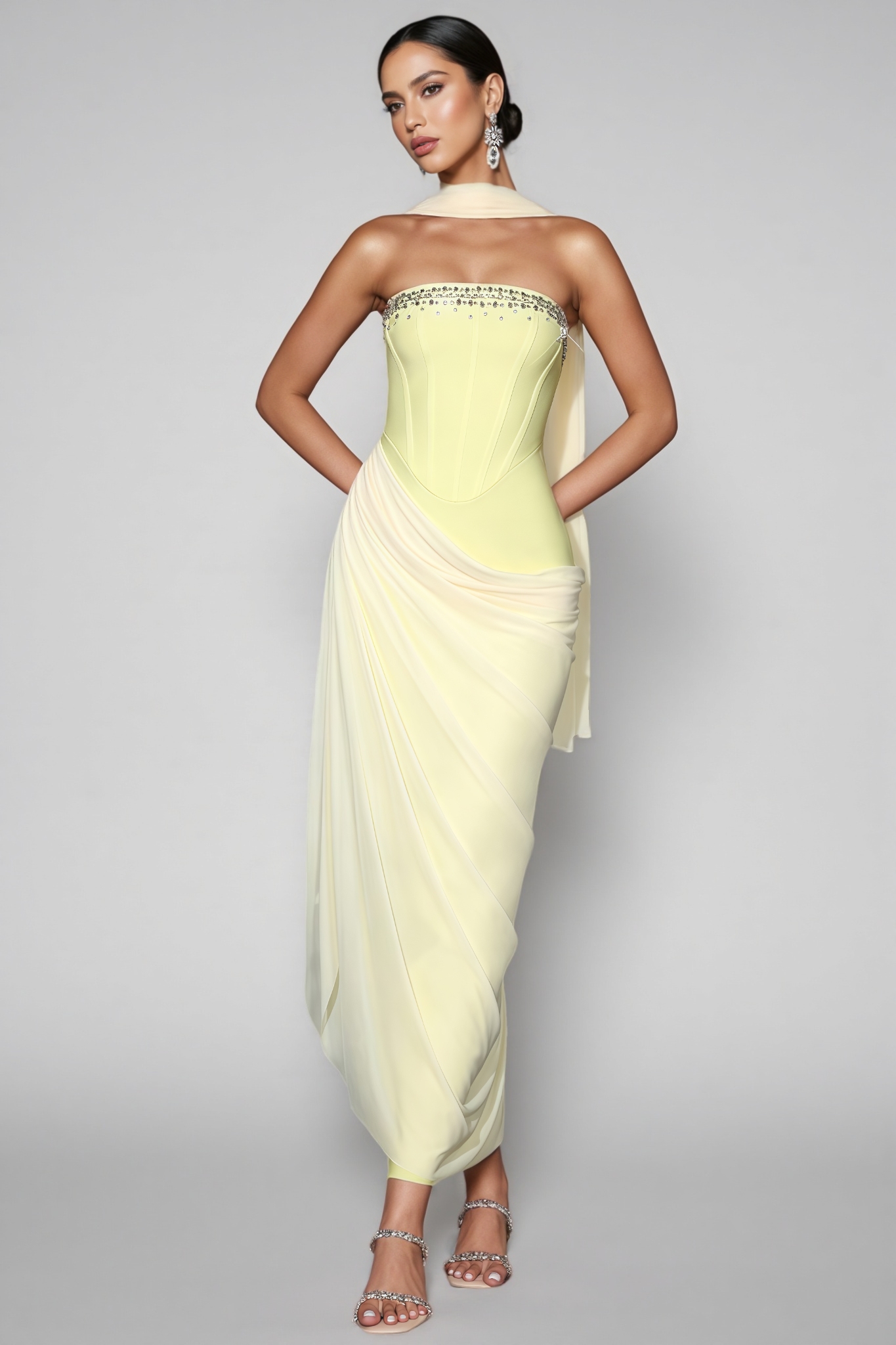 Nessa Strapless Rhinestone Draped Bandage Maxi Dress