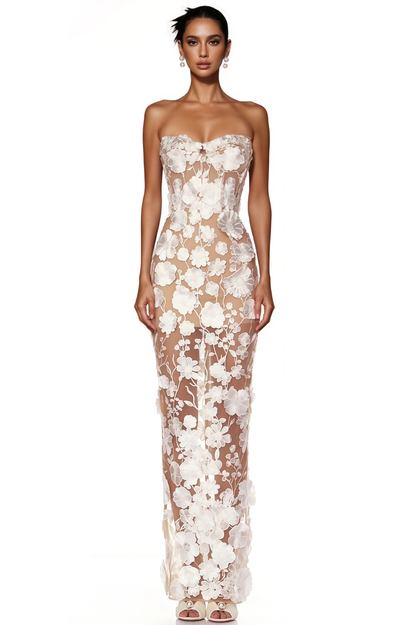 Kendall White Strapless 3D Flower Maxi Dress
