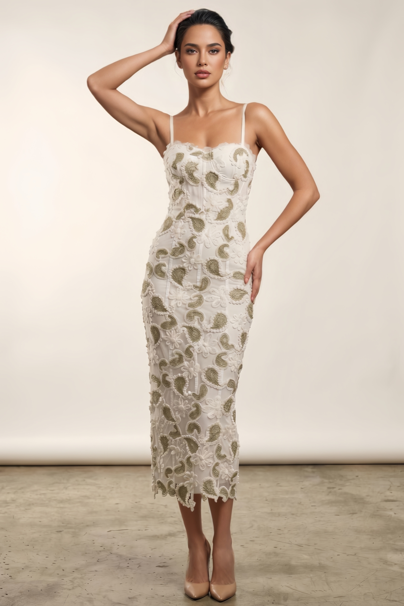 Yorak Sleeveless Lace Embroidered Midi Dress