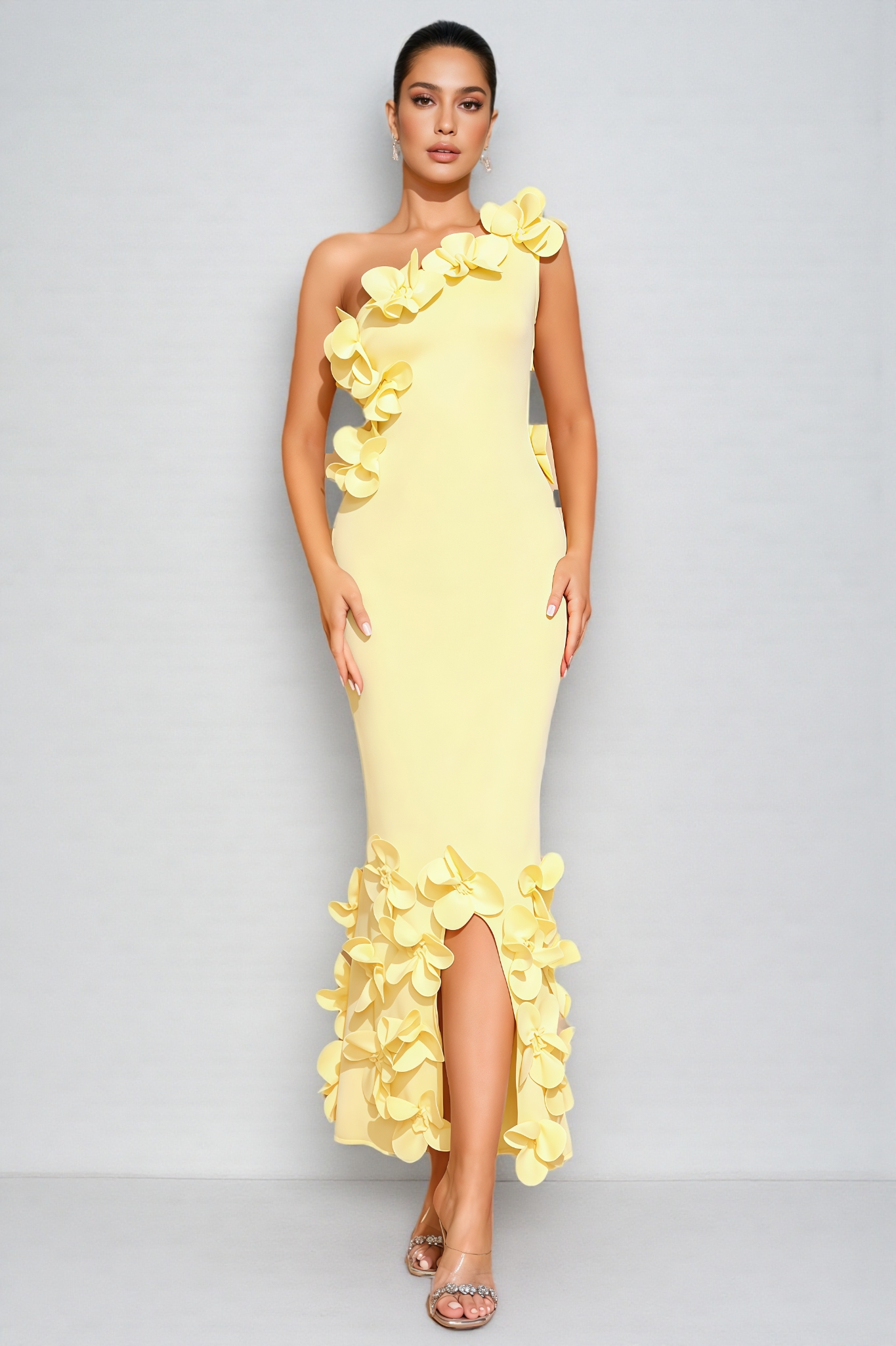 Zalia Yellow One-Shoulder 3D Floral Maxi Dress