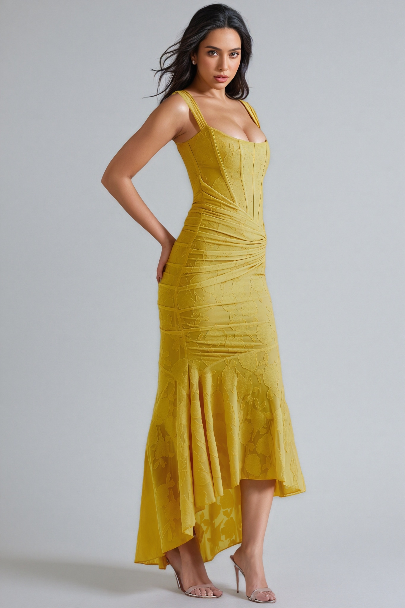 Kit Yellow Ruched Fishtail Maxi Dress