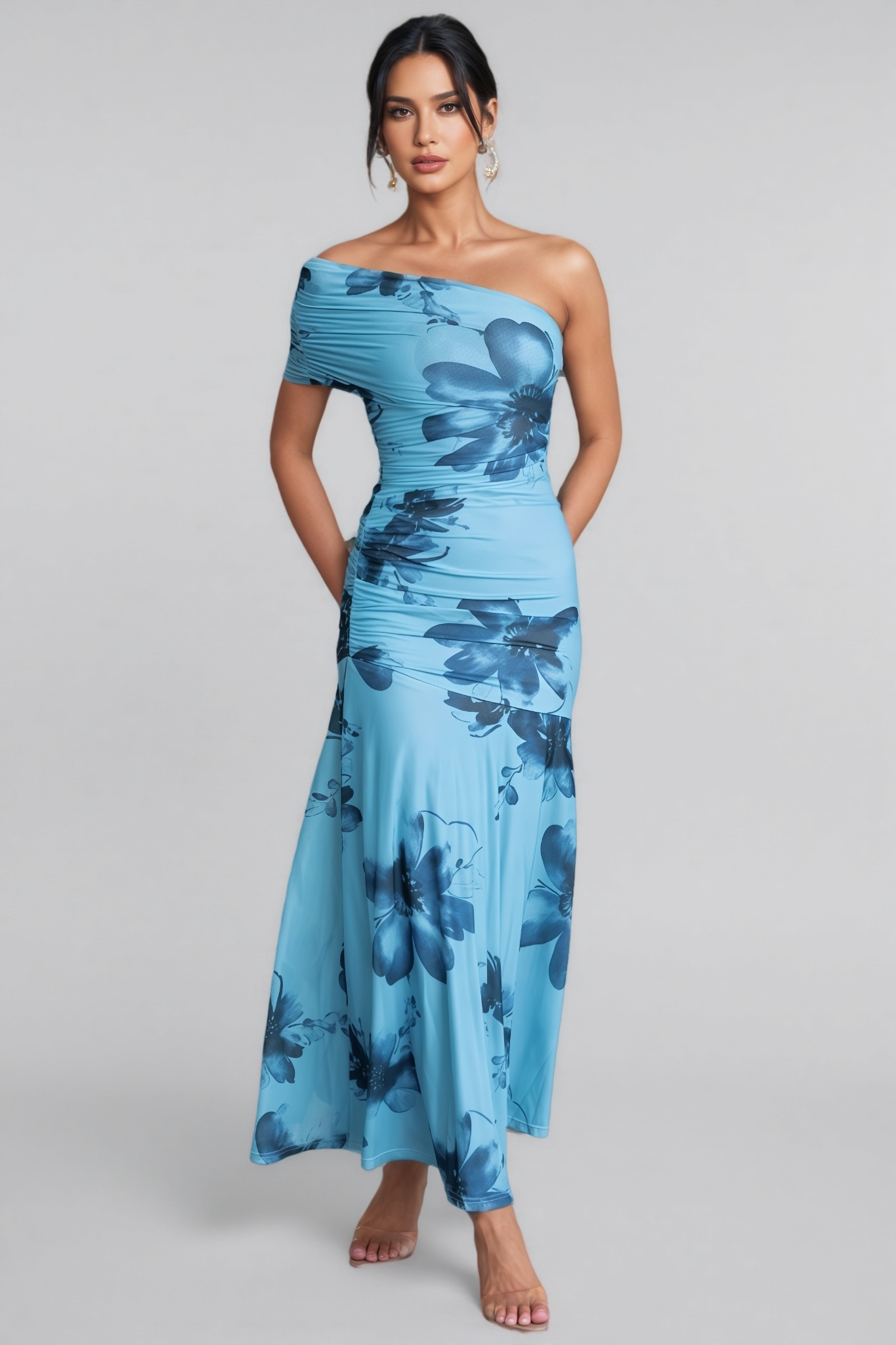 Saroyt Blue One Shoulder Floral Maxi Dress