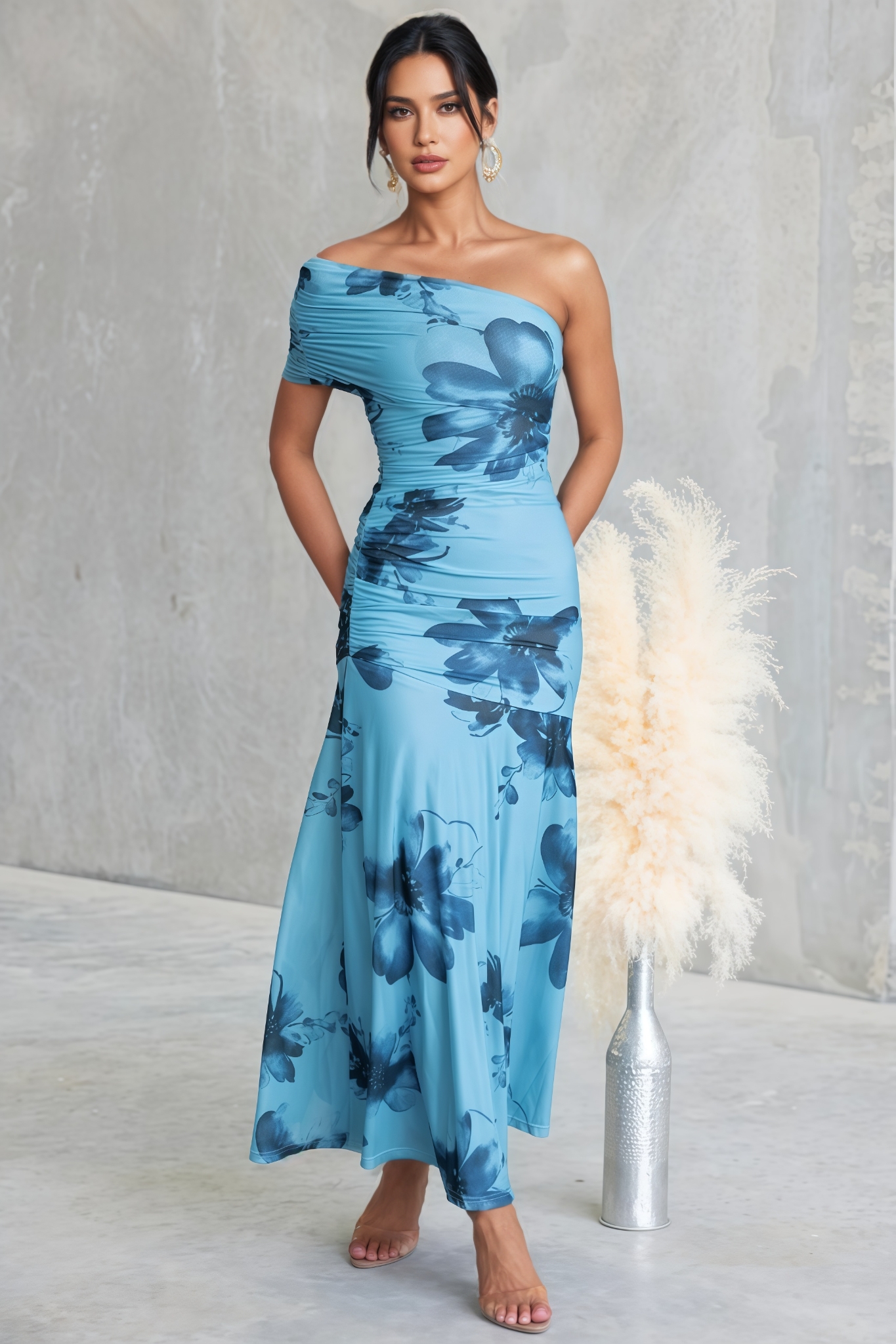 Saroyt Blue One Shoulder Floral Maxi Dress