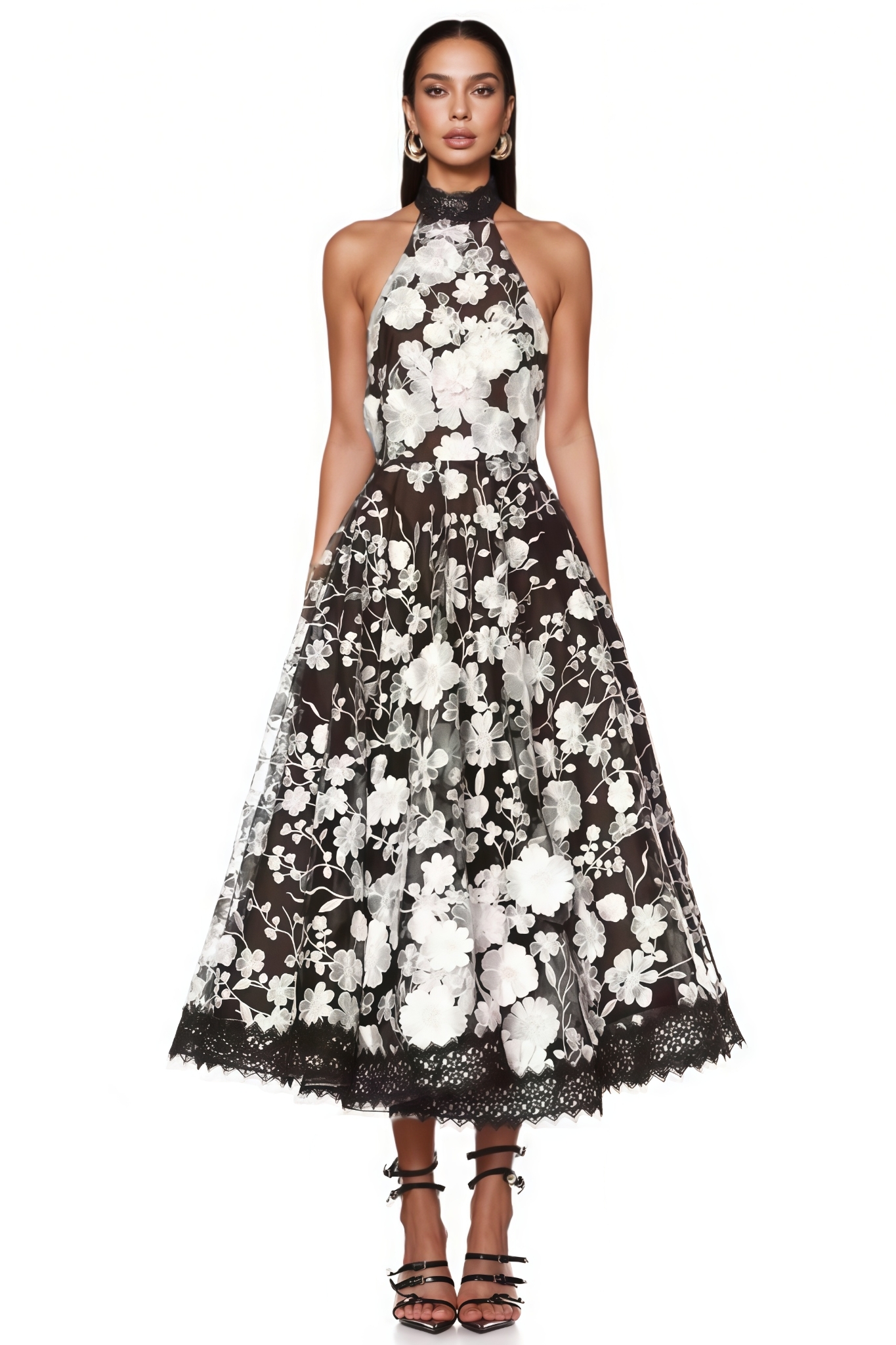 Noricd Black 3D Floral Open Back Maxi Dress